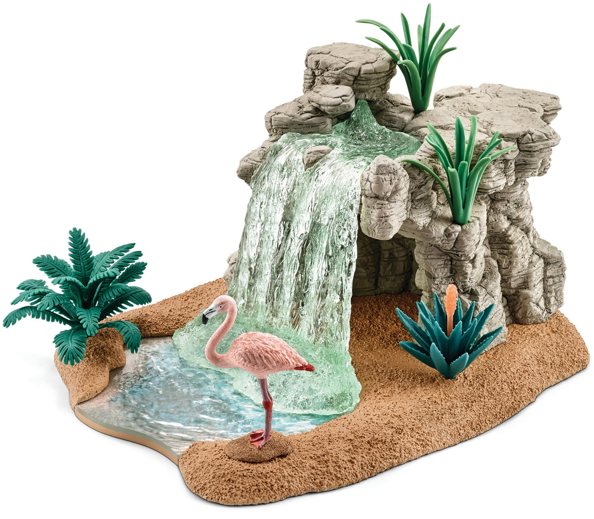 Schleich Игровой набор Водопад42257 Schleich Игровой набор Водопад42257Игровой набор Schleich Водопад - восхитительный набор, который произведет впечатление на каждого и ребенка и увлекающегося коллекционера. Фламинго предпочитают теплый климат и местность с большим количеством воды и мягкой почвы. Они обычно живут возле лагун и соленых озер, на болотах. Крик чилийского фламинго похож на кряканье гуся. Фламинго обнаружил прекрасное место возле водопада. Он останется там, пока вода остается теплой и соленой и пока рыба не съест всю его еду. Со своими длинными ногами фламинго может забраться глубже в воду, чем другие птицы, и, соответственно, найти больше еды. Как только он обнаружит лакомство, он наклоняет шею и погружает клюв в воду, чтобы поймать его. Затем он поднимает голову и заглатывает добычу.