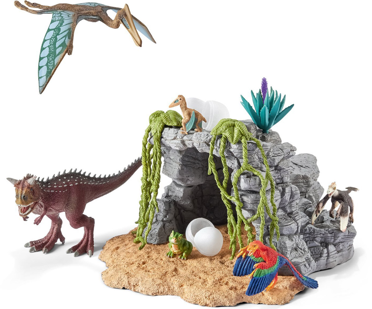 Schleich Игровой набор Пещера динозавров42261 Schleich Игровой набор Пещера динозавров42261Игровой набор Schleich Пещера динозавров произведет впечатление на каждого ребенка и увлекающегося коллекционера. Красочные фигурки имеют реальное сходство с вымершими животными, приятны на ощупь и безопасны для игр детей. Динозавры выполнены из качественного каучукового пластика, который безопасен для детей. Каждая игрушка выполнена с особенной тщательностью и вниманием к деталям. Игрушки раскрашиваются вручную, имеют оригинальную текстуру. В набор входят 6 фигурок динозавров, пещера, тропические растения. Набор станет прекрасным подарком для всех поклонников динозавров, с которым будет интересно устраивать увлекательные игры и наслаждаться красочными фигурками доисторических животных.