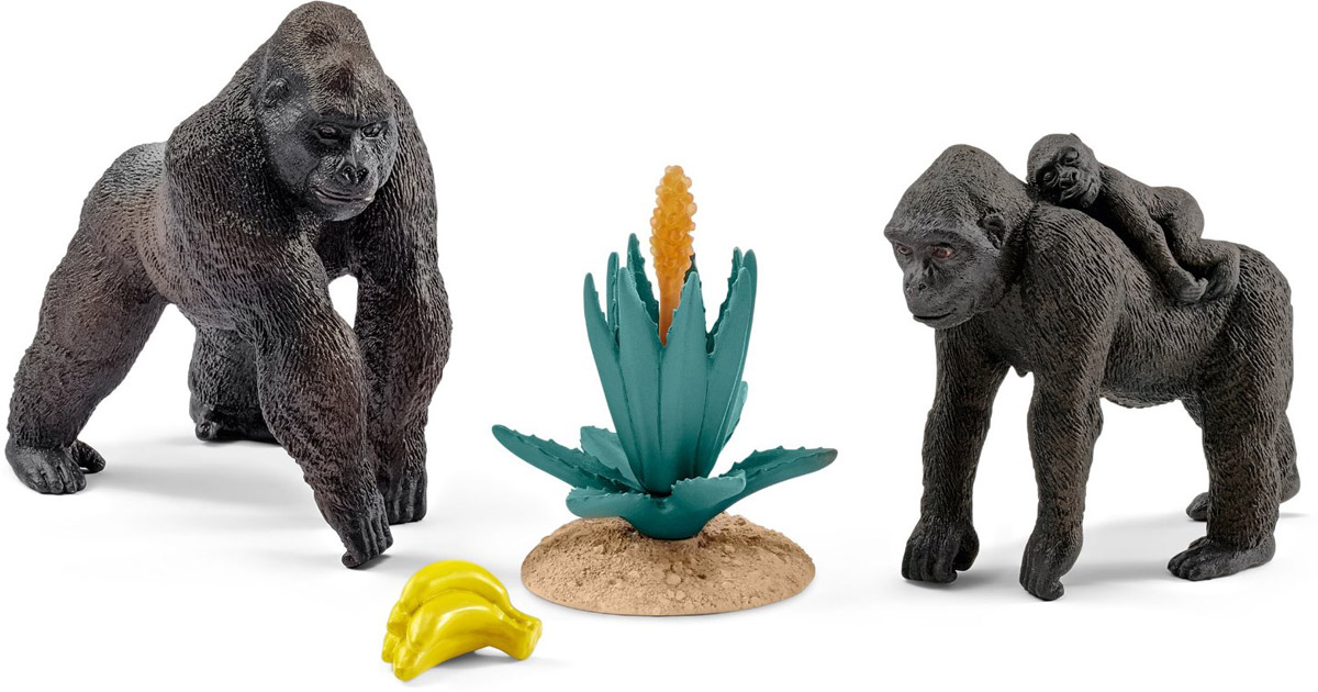 Schleich Набор фигурок Семейство горилл42276 Schleich Набор фигурок Семейство горилл42276Набор фигурок Schleich Семейство горилл позволит вашему ребенку устроить множество увлекательных игр! Каждая фигурка разработана с учетом исследований в области педагогики и производится как настоящее произведение для маленьких детских ручек. Сюжетно-ролевые игры с фигурками развивают фантазию и воображение ребенка. Гориллы - самые крупные представители семейства приматов. Несмотря на довольно устрашающий внешний вид, острые клыки и мускулистое тело, гориллы питаются исключительно растениями. Набор включает в себя: семью горилл, тропический куст, связку бананов. Фигурки Schleich - превосходный педагогический материал для использования дома и в образовательных учреждениях.