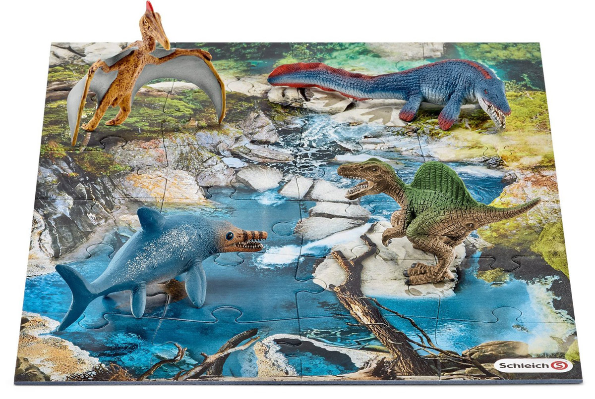 Schleich Набор фигурок Динозавры 4 шт + пазл Болото42330 Schleich Набор фигурок Динозавры 4 шт + пазл Болото42330Набор фигурок Schleich Динозавры приведет в восторг всех любителей динозавров и доисторических животных. В набор входят ихтиозавр, мозазавр, спинозавр, кетцалькоатль. Великолепные фигурки динозавров выполнены очень детализировано. Они позволят ребенку придумать множество захватывающих игр со своими любимыми древними обитателями. Фигурки выполнены из качественного каучукового пластика, который безопасен для детей и не вызывает аллергию. В комплект с фигурками динозавров также входят 24 элемента для сборки пазла, на котором ребенок сможет расставить фигурки и начать свою захватывающую игру. Набор станет достойным пополнением красочной коллекции игрушек, восхищающей детей и взрослых во всем мире.