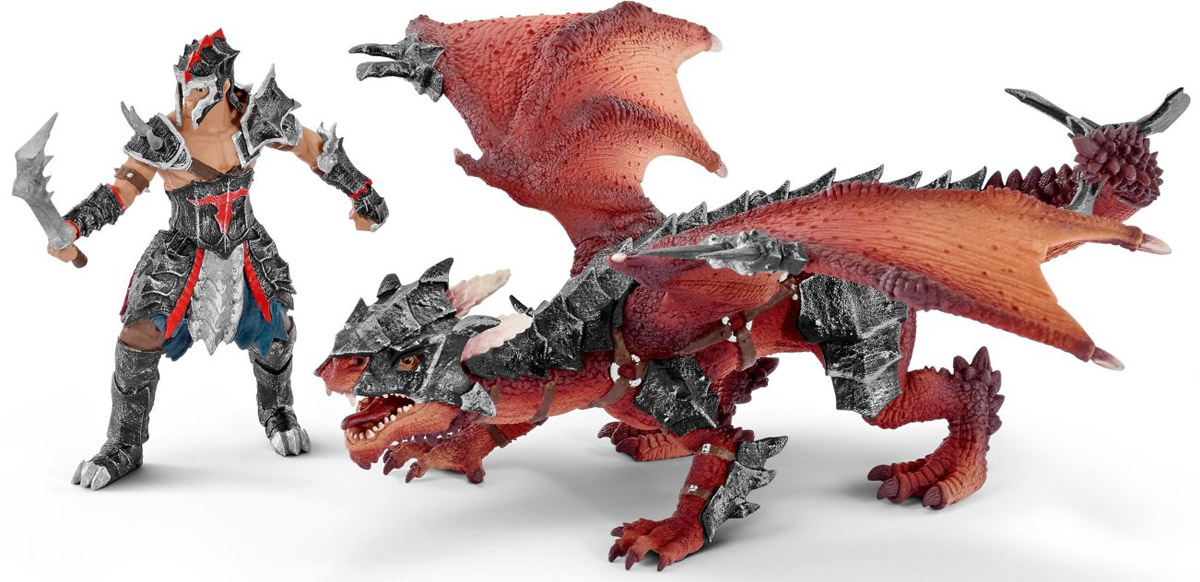 Schleich Набор фигурок Воин с драконом70128 Schleich Набор фигурок Воин с драконом70128Набор фигурок Schleich Воин с драконом - восхитительный набор, который сделает игры с рыцарями и воинами из страны Эльдрадор еще увлекательнее. Воин по имени Порток и его дракон выходят на боевую арену. Они абсолютно уверены в своей победе, ведь еще никогда они не проигрывали битву. У них есть очень грозное оружие - дракон поражает своих жертв огнем, а острые как бритва когти и зубы быстро дадут отпор самому опасному врагу. Крылья дракона подвижны, что делает фигурку необычной и интересной для игры. Прекрасно выполненные фигурки отличаются высочайшим качеством игрушек ручной работы. Каждая фигурка разработана с учетом исследований в области педагогики и производится как настоящее произведение для маленьких детских ручек.