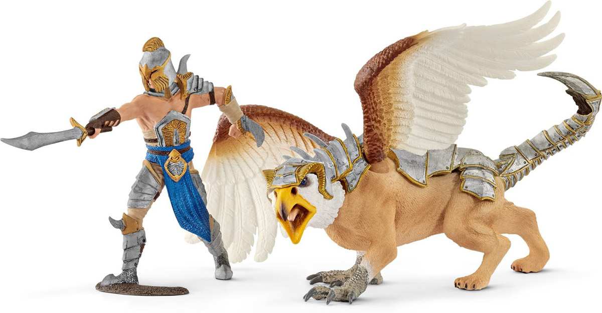 Schleich Набор фигурок Воин с грифоном70129 Schleich Набор фигурок Воин с грифоном70129Воин с грифоном Schleich - восхитительный набор, который сделает игры с рыцарями и воинами из страны Эльдрадор еще увлекательнее. Каждая фигурка разработана с учетом исследований в области педагогики и производится как настоящее произведение для маленьких детских ручек. Сюжетно-ролевые игры с фигурками развивают фантазию и воображение ребенка. Воин по имени Атокай и его грифон выходят на боевую арену. Он одет в новые красивые и надежные доспехи, которые он выполнил специально для поединка на арене. Его грифон также облачен в доспехи для того, чтобы он мог защищаться сам и защищать своего хозяина.
