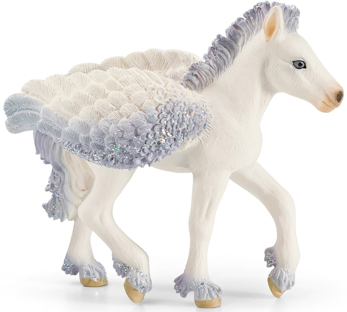 Schleich Фигурка Эльфийский пегас жеребенок70448 Schleich Фигурка Эльфийский пегас жеребенок70448В волшебной стране Байяла имеется много различных персонажей: волшебники и мудрецы, феи, маги, эльфы и сказочные животные. Проживают тут и сказочные пегасы, окруженные пристальным вниманием и заботой местных жителей. Частенько прогуливаясь по живописным местам, можно наблюдать величественный и грациозный полет этих роскошных созданий. Интереснее всего смотреть, как хрупкий жеребенок еще только учится пользоваться своими широкими крыльями. Великолепно выполненная фигурка из коллекции Эльфы от немецкого производителя Schleich гармонично дополнит коллекцию вашего ребенка и оживит сказочный мир, который он видел только в фильмах. Жеребенок фантастической лошадиной породы изготовлен с использованием особых материалов. Это исключает возникновение аллергии и безопасно для ребенка. Крылышки и шерсть на копытцах пегаса украшены блестками, которые придают фигурке поистине сказочный вид.