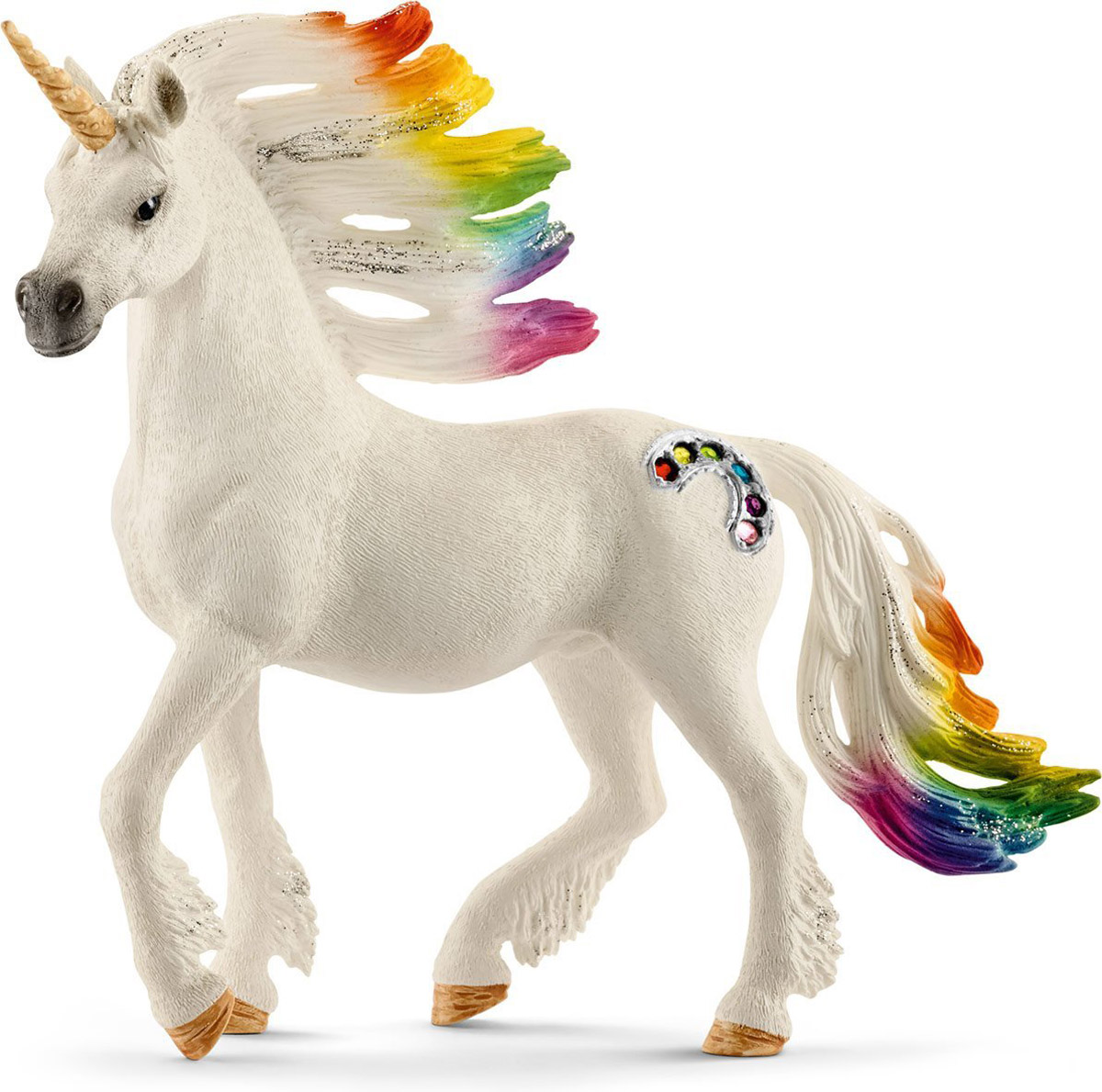 Schleich Фигурка Радужный единорог жеребец70523 Schleich Фигурка Радужный единорог жеребец70523Фигурка Радужный единорог - великолепная новинка, которая обязательно понравится вашему ребенку и всем любителям коллекции эльфов от Schleich. Единороги - это магические существа, живущие далеко в густых лесах. Это семейство радужных единорогов живет на травянистой равнине у радужной реки. В свете утреннего солнца, их гривы сверкают всеми цветами радуги. Как и большинство единорогов, они очень застенчивы. И есть только несколько эльфов, которые видели этих единорогов. Они рассказывают всем, что радужные единороги невероятно красивы и украшены драгоценными камнями. Прекрасно выполненная фигурка отличается высочайшим качеством игрушек ручной работы. Изделие разработано с учетом исследований в области педагогики и производится как настоящее произведение для маленьких детских ручек. Сюжетно-ролевые игры с фигурками развивают фантазию и воображение ребенка.
