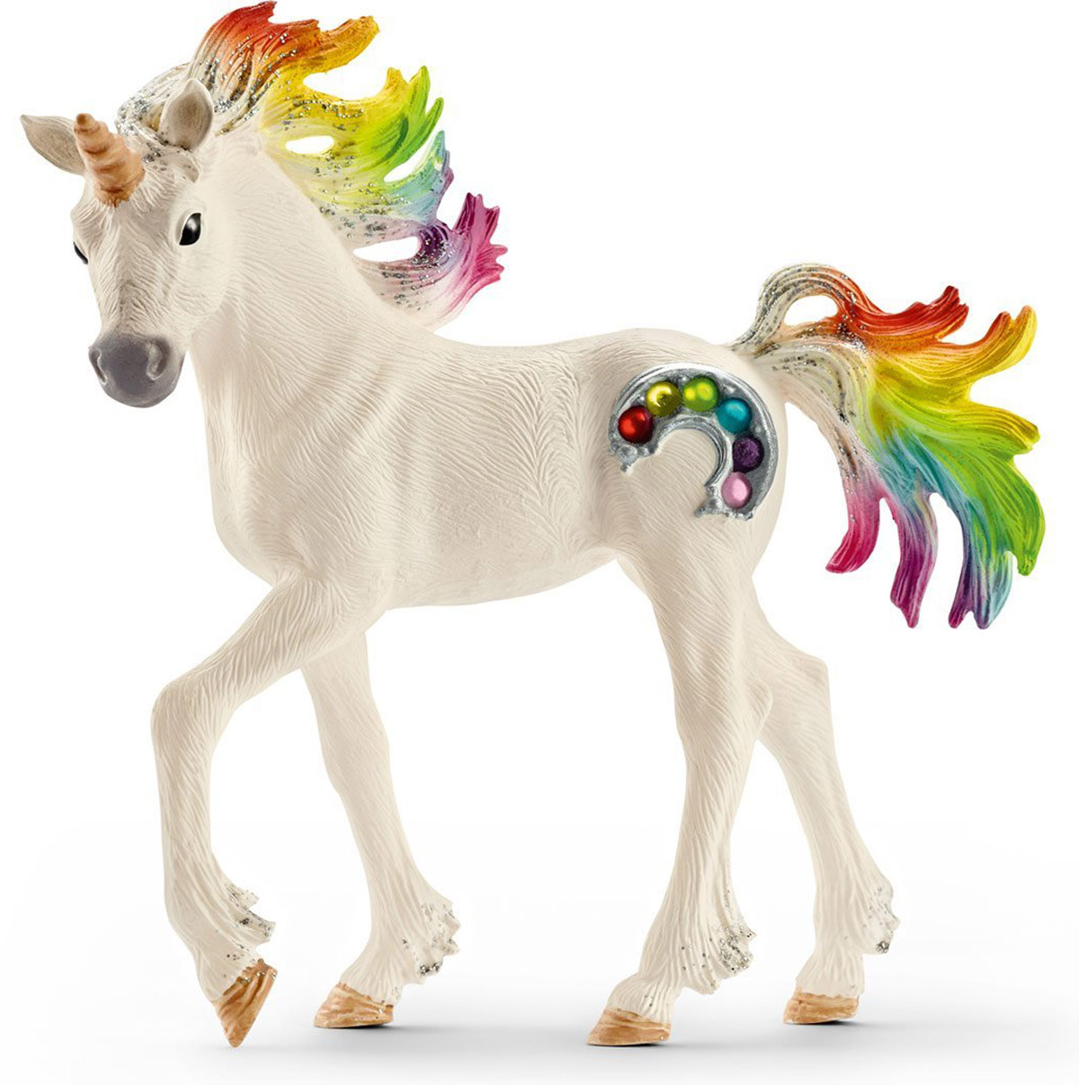 Schleich Фигурка Радужный единорог жеребенок70525 Schleich Фигурка Радужный единорог жеребенок70525Фигурка Schleich Радужный единорог - великолепная новинка, которая обязательно понравится вашему ребенку и всем любителям коллекции эльфов. Единороги - это магические существа, живущие далеко в густых лесах. Это семейство радужных единорогов живет на травянистой равнине у радужной реки. В свете утреннего солнца, их гривы сверкают всеми цветами радуги. Как и большинство единорогов, они очень застенчивы. И есть только несколько эльфов, которые видели этих единорогов. Они рассказывают всем, что радужные единороги невероятно красивы и украшены драгоценными камнями. Прекрасно выполненная фигурка отличается высочайшим качеством игрушек ручной работы. Изделие разработано с учетом исследований в области педагогики и производится как настоящее произведение для маленьких детских ручек. Сюжетно-ролевые игры с фигурками развивают фантазию и воображение ребенка.