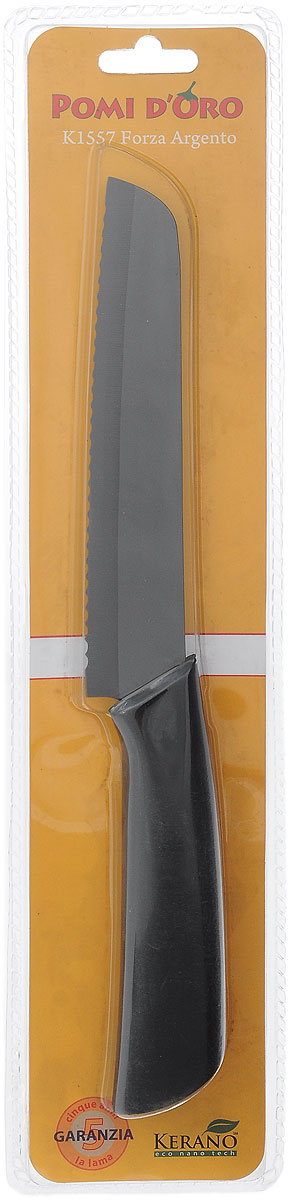 Нож для хлеба Pomi d’Oro Forza, керамический, длина лезвия 15 см77.858@19748 / K1557 Forza Argento Нож для хлеба Pomi d’Oro Forza, керамический, длина лезвия 15 см77.858@19748 / K1557 Forza ArgentoНож Pomi dOro Forza изготовлен из высококачественной керамики Kerano - гигиеничного, экологически чистого нано-материала. Нож имеет острое лезвие, не требующее дополнительной заточки. Эргономичная рукоятка, выполненная из стали с прорезиненным покрытием, не скользит в руках и делает резку удобной и безопасной. Такой нож превосходно подходит для нарезки всех видов хлеба. Керамика - это отличная альтернатива металлу. В отличие от стальных ножей, керамические ножи не переносят ионы металла в пищу, не разрушаются от кислот овощей и фруктов и никогда не заржавеют. Нож Pomi dOro Forza станет прекрасным дополнением к коллекции ваших кухонных аксессуаров и не займет много места при хранении. Можно мыть в посудомоечной машине. Общая длина ножа: 27,5 см. Толщина лезвия: 2 мм.