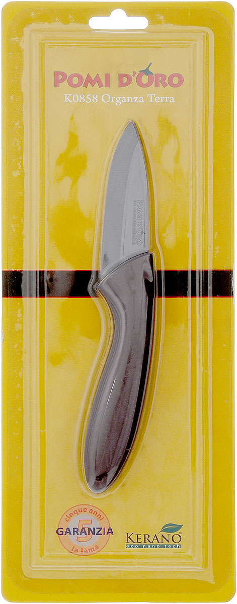 Нож для чистки овощей Pomi d’Oro Organza, керамический, длина лезвия 8 см77.858@21283 / K0858 Organza Terra Нож для чистки овощей Pomi d’Oro Organza, керамический, длина лезвия 8 см77.858@21283 / K0858 Organza TerraНож Pomi dOro Organza изготовлен из коричневой керамики Kerano. Это уникальный керамический нано-материал, который не содержит вредные примеси, в том числе перфоктановую кислоту (PTFE) и примеси, используемые для легированной стали. Химически нейтрален, не вступает в реакцию с пищей во время готовки. Изделие имеет эргономичную обрезиненную ручку, которая не скользит в руках и делает резку удобной и безопасной. Можно мыть в посудомоечной машине. Длина ножа: 16,5 см.