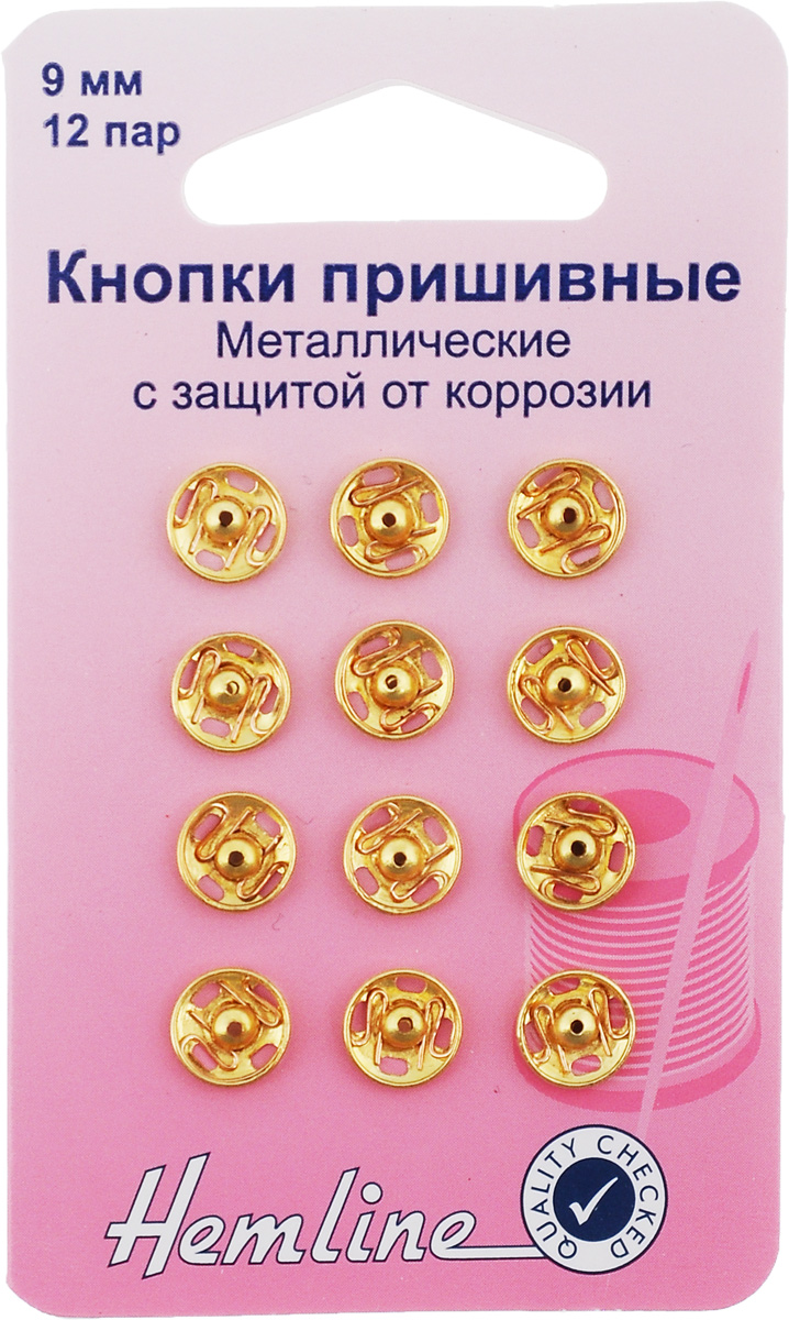 Кнопки пришивные Hemline, цвет: золотистый, диаметр 9 мм, 12 шт420.9.G Кнопки пришивные Hemline, цвет: золотистый, диаметр 9 мм, 12 шт420.9.GПришивные кнопки Hemline, изготовленные из латуни с защитой от коррозии, используются при ремонте и пошиве одежды. Идеально подходят для одежды из ткани средней плотности. Оснащены отверстием для фиксации. Кнопки собираются из 2 частей. Диаметр кнопки: 9 мм.
