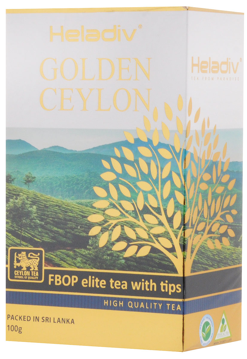 Heladiv Golden Ceylon Fbop Elit Tea With Tips чай черный листовой, 100 г4791007010746 Heladiv Golden Ceylon Fbop Elit Tea With Tips чай черный листовой, 100 г4791007010746Heladiv Golden Ceylon - эксклюзивный сорт черного чая высшей категории, в состав которого входят только верхние листья со значительной примесью листовых почек - типсов. Крупнолистовой чай, собранный на элитных плантациях Шри-Ланки. FBOP Elit tea with tips мягкий и в то же время достаточно терпкий с уникальным ароматом позволит вам насладится магией Золотого Цейлона.