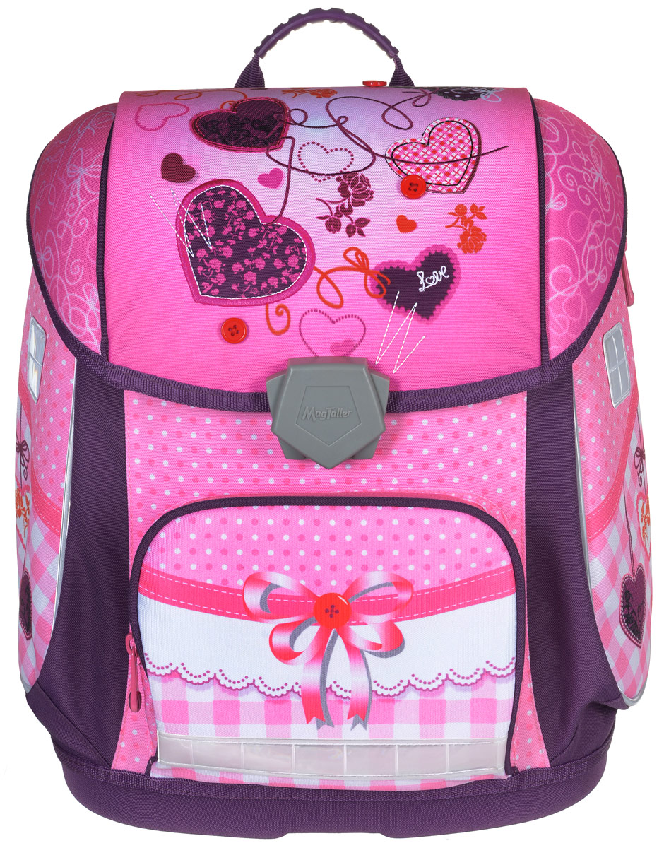 MagTaller Ранец школьный ранец Ezzy II Sewing Hearts20417-40 MagTaller Ранец школьный ранец Ezzy II Sewing Hearts20417-40Школьный ранец MagTaller Ezzy II. Sewing Hearts имеет жесткий корпус и жесткое дно. Дно из EVA надежно защищает содержимое ранца от воды и грязи. Эргономичная спинка обеспечивает равномерное распределение нагрузки на позвоночник ребенка. Уплотненные лямки регулируемой длины помогают правильно расположить изделие на спине. В нижней части лямок предусмотрены фиксаторы для куртки. Грудное крепление обеспечивает дополнительную фиксацию лямок ранца. Ранец имеет эргономичную ручку для переноски в руке. Светоотражающие элементы уменьшают риск ДТП в темное время суток. Ранец содержит одно вместительное отделение, закрывающееся клапаном на удобную застежку-защелку. Клапан полностью откидывается. На внутренней части клапана находится прозрачный пластиковый кармашек, куда можно будет вложить расписание занятий. Внутри отделения находятся два мягких разделителя для учебников и тетрадей, пришивной органайзер для канцелярских принадлежностей с карманом-сеткой и карманом на липучке под...