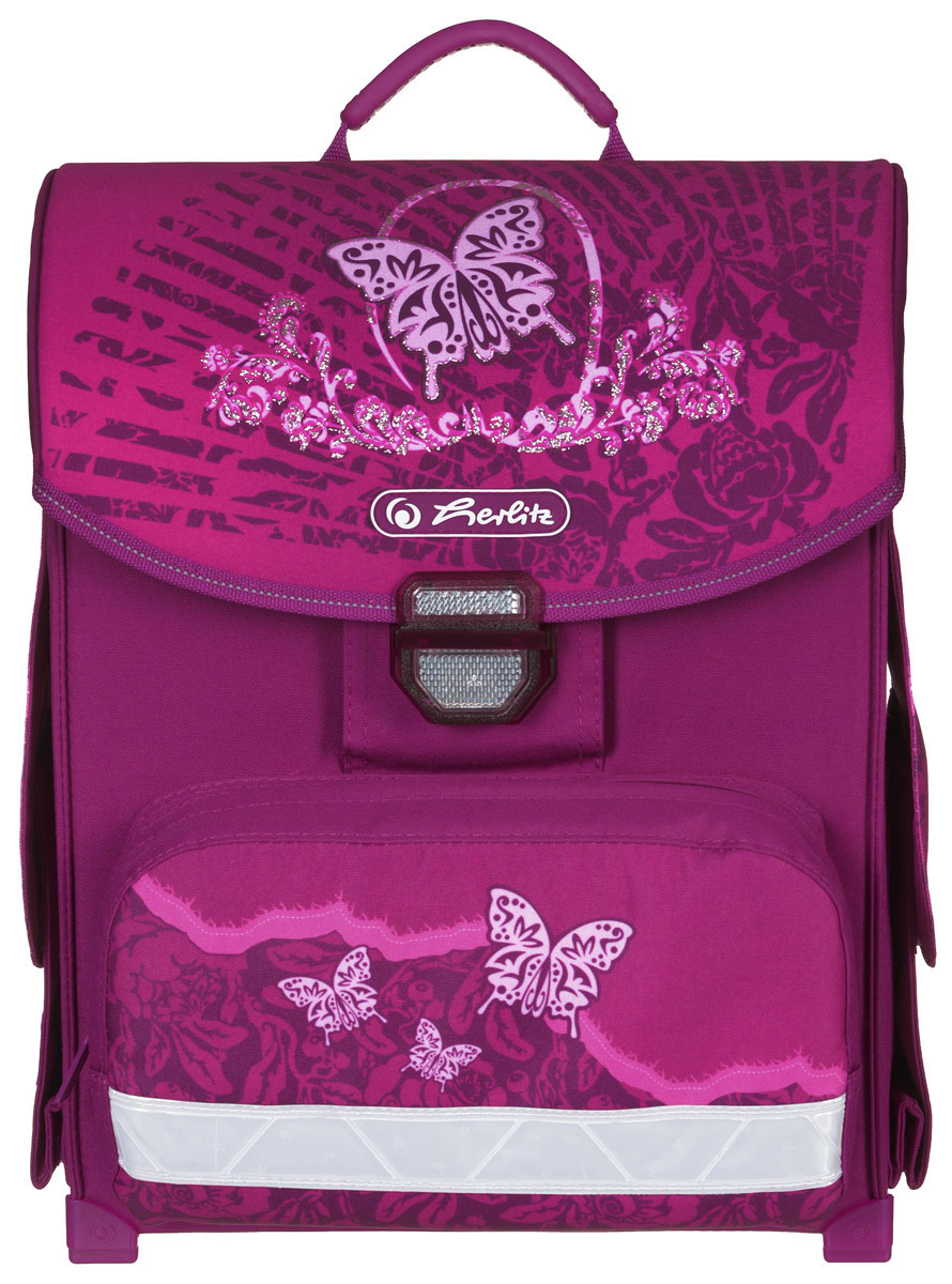 Herlitz Ранец школьный Rose Butterfly11438348 Herlitz Ранец школьный Rose Butterfly11438348Яркий школьный ранец Herlitz Rose Butterfly обязательно привлечет внимание школьницы. Ранец выполнен из материалов высшего качества с водоотталкивающей пропиткой. Содержит одно вместительное отделение, закрывающееся клапаном на защелкивающийся замок со встроенным светоотражателем, который легко открывать и закрывать. Внутри отделения имеется мягкая перегородка для тетрадей или учебников. Клапан полностью откидывается, что существенно облегчает пользование ранцем. На внутренней части клапана находится прозрачный пластиковый кармашек, в который можно поместить расписание занятий. Ранец имеет два боковых кармана, закрывающихся клапанами на липучки. Лицевая сторона ранца оснащена накладным карманом на застежке-молнии, который отлично подойдет для пенала. Конструкция спинки ранца дополнена эргономичными подушечками, противоскользящей сеточкой и системой вентиляции для предотвращения запотевания спины ребенка. Мягкие широкие лямки позволяют легко и быстро ...