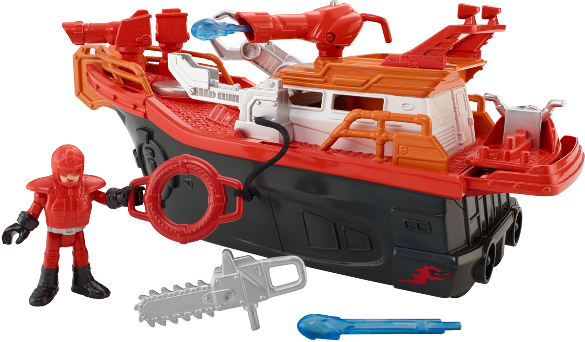 Imaginext Пожарная лодкаCGH88 Imaginext Пожарная лодкаCGH88Если кто-то терпит бедствие на воде или причал охвачен огнем - городская пожарная лодка готова плыть на помощь! Приключение начинается, когда ребенок ставит фигурку пожарника на диск и поворачивает его. Затем он спускает лодку на воду, закачивает насосом воду и нажимает на диск, чтобы мощной струей погасить пожар. Кроме того, лодка оборудована пушкой, стреляющей водяными снарядами, так что она умеет держать удар! А если пожарному нужно подобраться к месту действия поближе, юные спасатели могут поставить фигурку пожарного на аквабайк и стремительно помчаться к цели! Все элементы набора выполнены из качественных и безопасных материалов.
