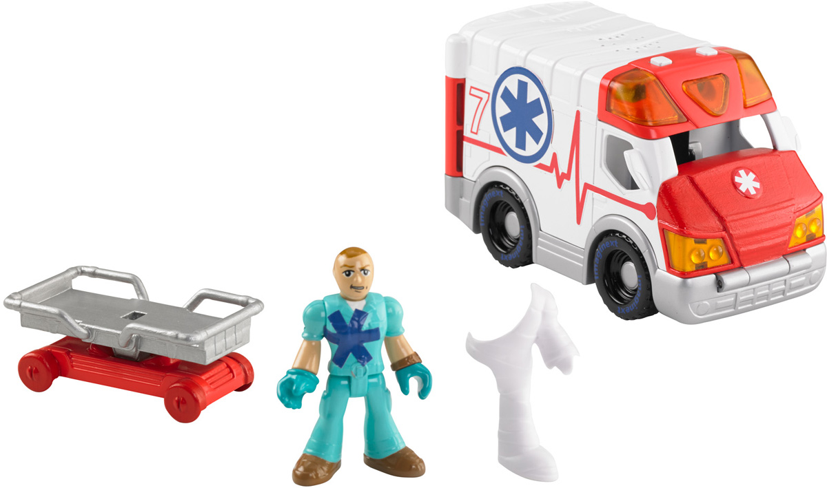 Imaginext Игровой набор Скорая помощьCJM91_X7621, DKL15 Imaginext Игровой набор Скорая помощьCJM91_X7621, DKL15Игровой набор Imaginext Скорая помощь надолго займет вашего ребенка. Набор включает в себя фигурку доктора, машину, носилки на колесах и гипс, в который можно поместить фигурку. У машины открываются задние двери и капот. Внутри фургона можно с легкостью расположить носилки с фигуркой человека. Фигурка может разместиться не только в фургоне, но и на месте водителя. Ноги, руки и голова у фигурки подвижные. Автомобиль оборудован большими ребристыми колесами со свободным ходом. На машине имеются две кнопки, нажатие на которые активирует звуковые и световые сигналы. Замечательный игровой набор Imaginext Скорая помощь станет украшением коллекции игрушек вашего малыша. Рекомендуется докупить 2 батарейки типа ААА (комплектуется демонстрационными).