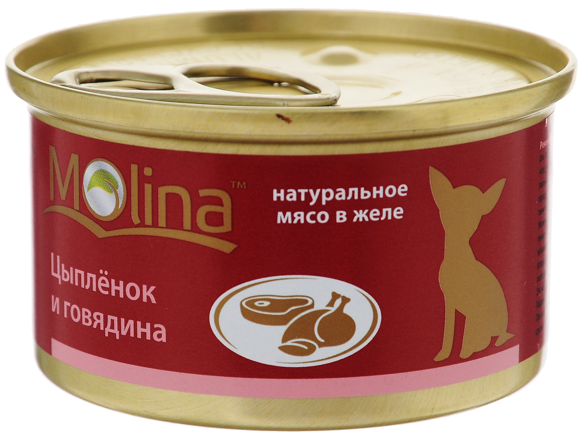 Консервы для собак Molina, с цыпленком и говядиной в желе, 85 г4620002671044 Консервы для собак Molina, с цыпленком и говядиной в желе, 85 г4620002671044Консервы для собак Molina - это высококачественный, сбалансированный, натуральный продукт, который содержит все необходимые компоненты, обеспечивающие организм ваших питомцев энергией, витаминами и минеральными веществам, необходимыми для здорового роста и развития. Консервы изготовлены из натурального мяса цыпленка и говядины желе. Консервы Molina - польза натуральных ингредиентов для долгой и здоровой жизни вашего питомца. Товар сертифицирован.