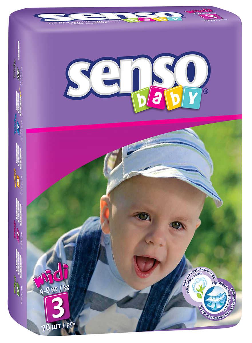 Senso Baby Подгузники детские Midi 4-9 кг 70 шт300055 Senso Baby Подгузники детские Midi 4-9 кг 70 шт300055Подгузники Senso Baby - это самые современные технологии, экологичное сырьё и непрерывный контроль качества для комфорта вашего малыша! Подгузники гарантируют сухость на длительное время, безопасность для самой чувствительной кожи детей и непревзойдённое спокойствие во время сна и прогулок. Надёжные и мягкие боковые барьерчики предохраняют от бокового протекания в любой ситуации. Многоразовые липучки гарантируют надёжную и комфортную фиксацию подгузников. Анатомическая форма подгузника обеспечивает идеальную посадку на теле малыша, как во время сна, так и во время активных игр. Дышащий наружный слой с мельчайшими микропорами, изготовленный из нетканого материала, предотвращает появление раздражения и опрелостей на чувствительной детской коже. Нежные и эластичные резиночки не сдавливают ножки малыша и не оставляют следов. Инновационная 3D-система впитывания состоит из нескольких слоёв и содержит улучшенный абсорбирующий материал (sap) и натуральную...