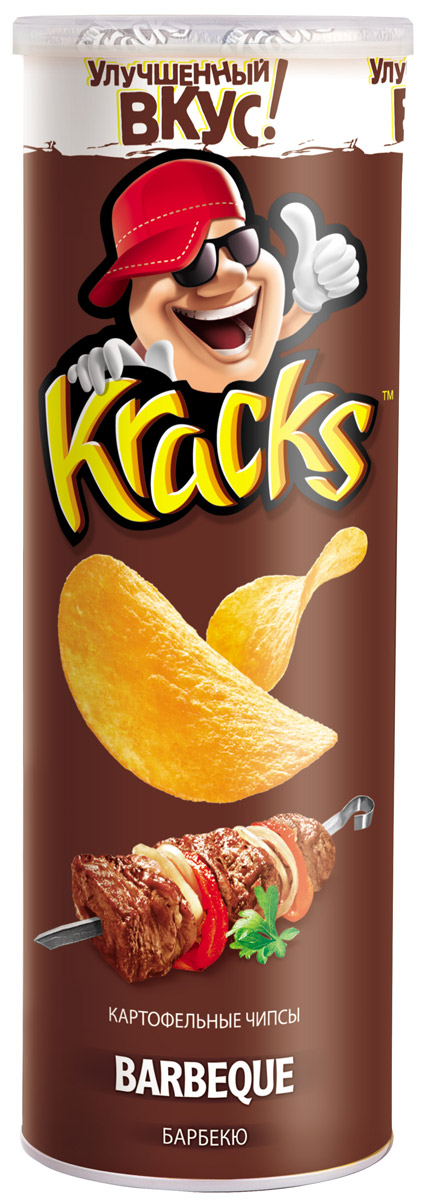 Kracks картофельные чипсы со вкусом барбекю, 160 г8887290523028 Kracks картофельные чипсы со вкусом барбекю, 160 г8887290523028Kracks - это чипсы из высококачественного картофеля со вкусом жареного мяса, приправленные пряными специями. Их основными особенностями являются равномерность обжаривания изогнутых пластинок без избытка масла, а также упаковка в виде тубы, удобная для транспортировки и употребления.