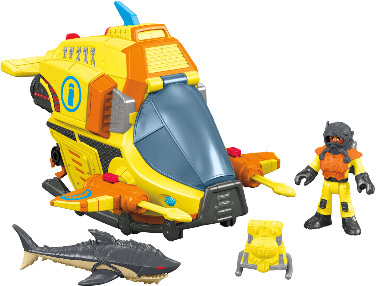 Imaginext Подводная лодкаDFX95_DFY00 Imaginext Подводная лодкаDFX95_DFY00Что делать, если на большой глубине возникнет экстренная ситуация? На помощь всегда придет подводная лодка спасателей! Подводная лодка Imaginext оснащена двумя торпедными аппаратами. Чтобы произвести выстрел торпедой, нужно нажать кнопку на корпусе торпедного аппарата. В комплекте с субмариной идет фигурка спасателя, которого можно посадить внутрь подлодки, повернув колесико на корпусе субмарины. При этом откроется защитное стекло кабины. Голова, руки и ноги фигурки спасателя подвижны. В наборе также имеется акваланг, специальный подводный ручной буксировщик, с помощью которого аквалангист может быстро перемещаться под водой вне субмарины, 4 торпеды и фигурка акулы.