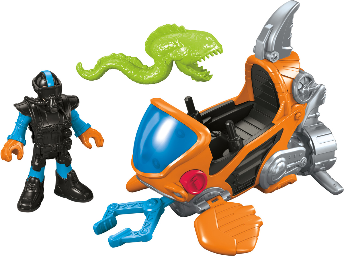 Imaginext Мини-подводная лодкаDFY01_DFY06 Imaginext Мини-подводная лодкаDFY01_DFY06Что произойдет, когда твоя мини-подводная лодка столкнется с гигантским угрем? Мини-подлодка Imaginext оснащена подвижным винтом и пушкой, которая выстреливает огромными щипцами для ловли гигантского угря. В комплекте с подлодкой идет фигурка аквалангиста, щипцы и угорь. Голова, руки и ноги фигурки спасателя подвижны, акваланг снимается.