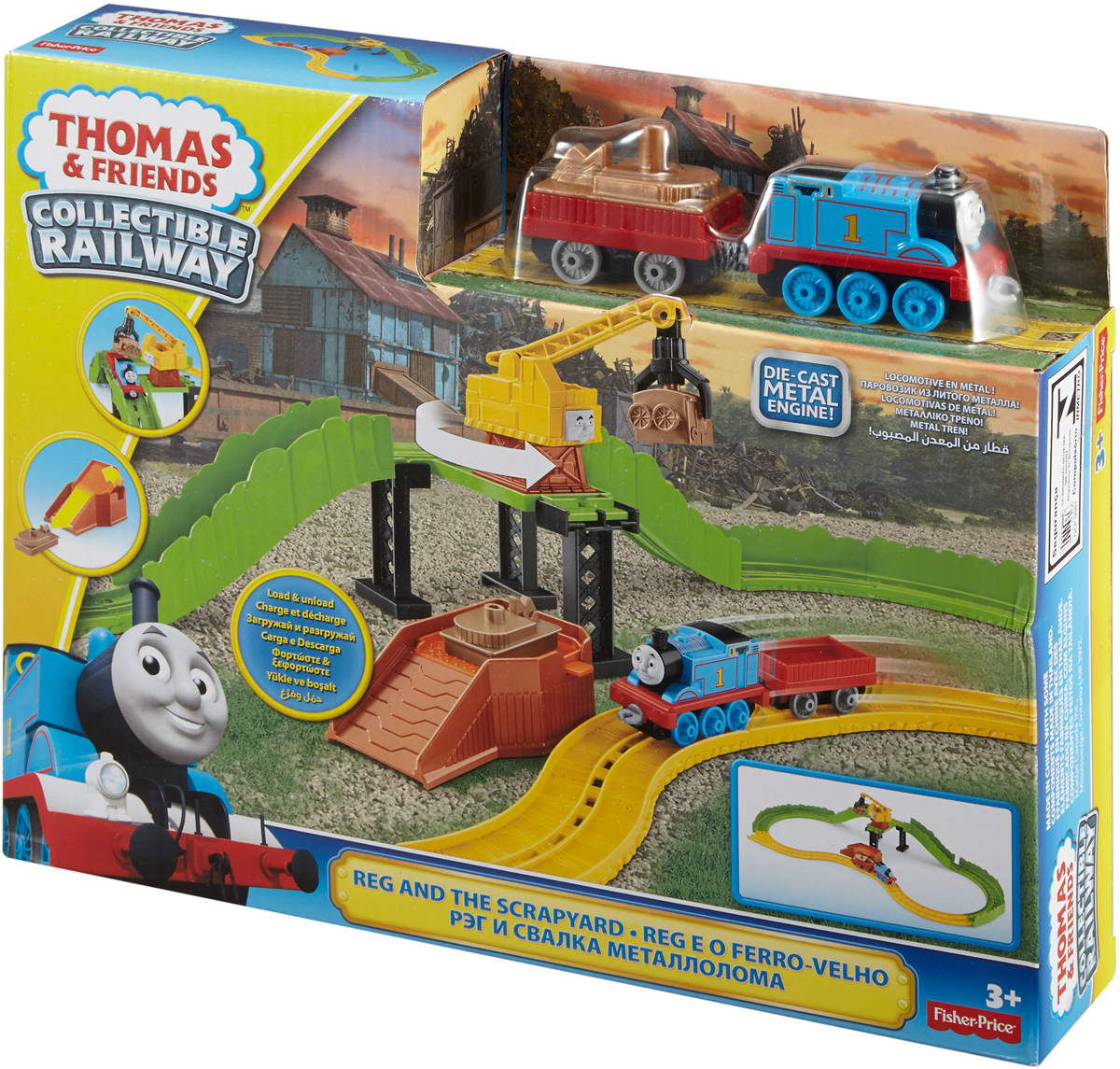 Thomas & Friends Железная дорога Рэг и свалка металлоломаDGC08 Thomas & Friends Железная дорога Рэг и свалка металлоломаDGC08Замечательный игровой набор Thomas & Friends Рэг и свалка металлолома приведет в восторг юных любителей мультфильма про Томаса. Томас с грузовым вагоном кружит вдоль свалки и ищет запасные части. Его друг Рэг гуляет поблизости и помогает Томасу поскорее загрузить запчасти в грузовой вагон и вернуться на Содор. Найденные детали легко закрепляются в захвате Рэга, а для быстрой доставки к железной дороге кран может сбрасывать их на скат. Из запасных частей можно собрать отличного Мусорного монстра! В комплект входят элементы железной дороги, локомотив Томас, кран Рэг, грузовой вагон, груз, погрузочная платформа.