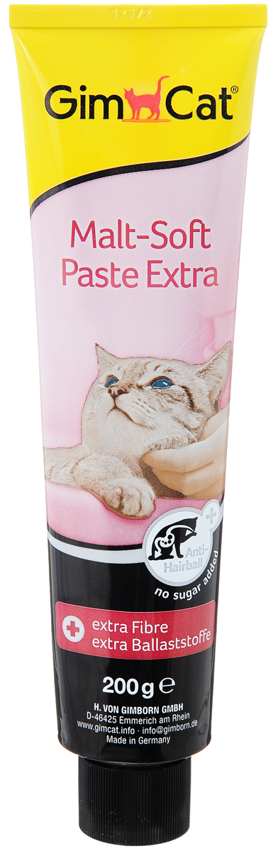 Паста для кошек GimCat Malt-Soft Extra, 200 г4002064417127 Паста для кошек GimCat Malt-Soft Extra, 200 г4002064417127Паста для кошек GimCat Malt-Soft Extra способствует прохождению пищи, выводу проглоченной шерсти и неперевариваемых компонентов естественным путем. Паста содержит натуральный ароматный солод, растительное масло и балластные вещества. Без добавления сахара. Во время умывания кошки проглатывают большое количество своей шерсти, из-за чего в последствии в желудке животного могут образоваться волосяные шары (или трихобезоары). Естественно, ей необходимо каким- то образом избавиться от надоедливых комков. В противном случае, увеличивается вероятность возникновения ряда проблем со здоровьем, в том числе запоров. Иногда закупорка ЖКТ шерстяными комками может привести даже к смерти. Чаще всего кошки вынуждены избавляться от комков, срыгивая их. Очевидцы такого зрелища понимают, какой это болезненный и неприятный процесс. Товар сертифицирован.