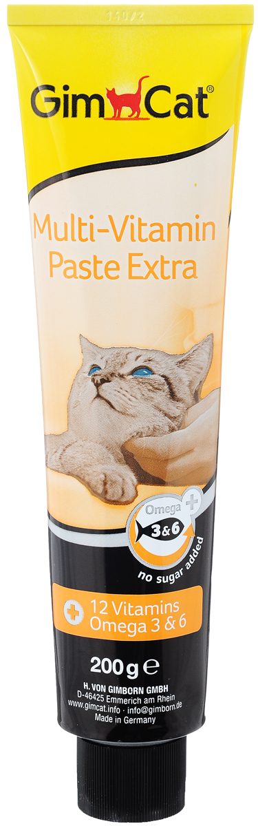 Паста для кошек GimCat Multi-Vitamin Extra, 200 г4002064401898 Паста для кошек GimCat Multi-Vitamin Extra, 200 г4002064401898Паста GimCat Multi-Vitamin Extra содержит 12 жизненно необходимых витаминов для укрепления защитных сил организма кошки. Естественное содержание жирных кислот омега-3 и омега-6, получаемых из масел и цинковых добавок, поддерживает здоровье кожи и шерсти. Тщательно подобранный состав ингредиентов способствует развитию, прекрасному внешнему виду и хорошему самочувствию кошки. Такая паста особенно рекомендуется породистым и выставочным кошкам. Товар сертифицирован.