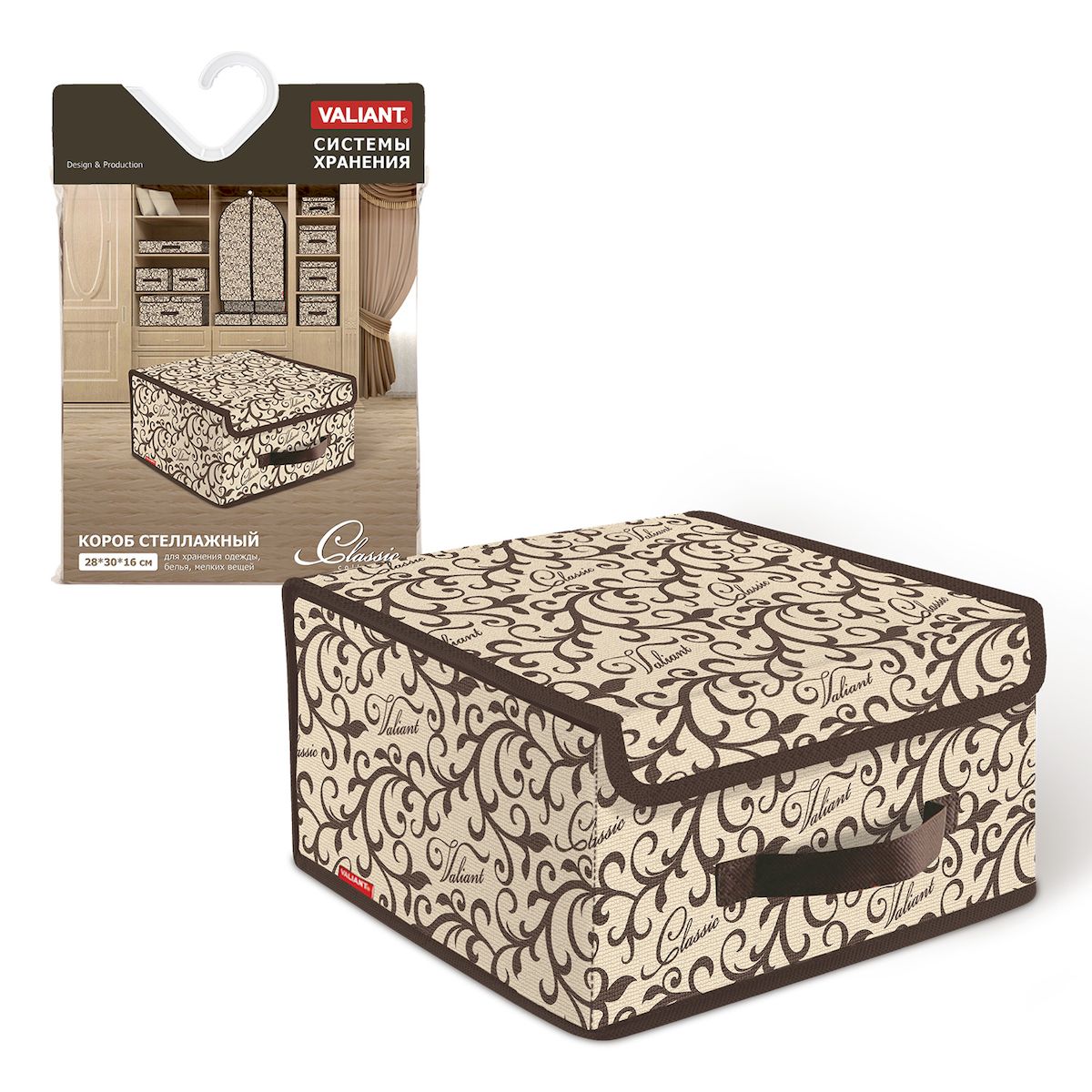 Короб стеллажный с крышкой Valiant Classic, 28х30х16 смCL-BOX-LS Короб стеллажный с крышкой Valiant Classic, 28х30х16 смCL-BOX-LSКороб стеллажный с крышкой. Стеллажный короб CLASSIC Collection от Valiant изящно впишется в классический интерьер. Дополняет серию CLASSIC. Идеальный гардероб начинается с систем хранения. Удобство в использовании: - короба легко складываются и раскладываются - наличие ручки позволяет удобно размещать короб на полках - крышка короба легко фиксируется с помощью специальных липучек.