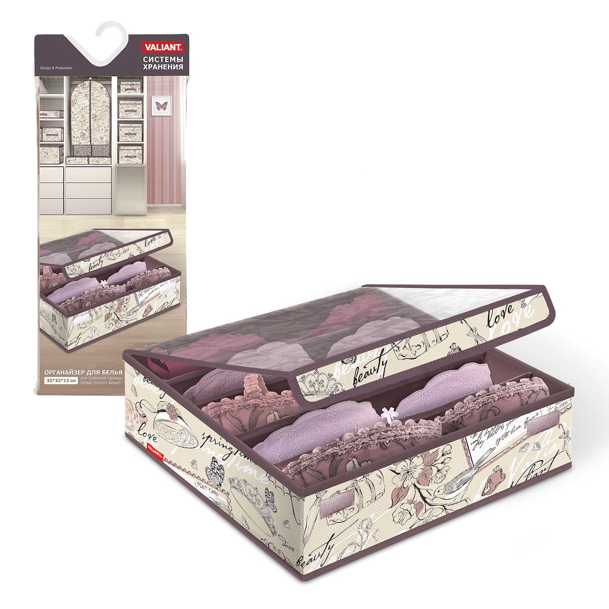 Органайзер для бюстгалтеров Valiant Romantic, с прозрачной крышкой, 32х32х12 см, 5 секцийRM-S5 Органайзер для бюстгалтеров Valiant Romantic, с прозрачной крышкой, 32х32х12 см, 5 секцийRM-S5Органайзер для бюстгалтеров с прозрачной крышкой ROMANTIC Collection поможет упорядочить размещение нижнего белья. Органайзер 5 секций: специально для бюстгалтеров и комплектов белья. Удобство в использовании: - органайзеры легко складываются\раскладываются - мягкие перегородки делят органайзеры на секции.