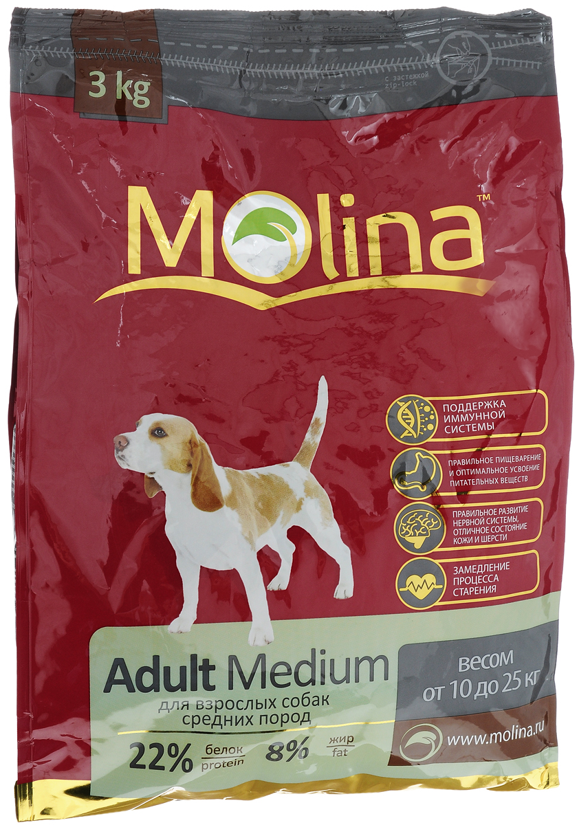 Корм сухой Molina Adult Medium для взрослых собак средних пород, 3 кг4680265000968 Корм сухой Molina Adult Medium для взрослых собак средних пород, 3 кг4680265000968Полнорационный сухой корм Molina Adult Medium предназначен для взрослых собак средних пород весом от 10 до 25 кг. Специальный комплекс витаминов и антиоксидантов способствует поддержанию иммунитета, замедляет процесс старения и защищает от последствий стресса. Содержание жирных кислот Омега-6 и Омега-3 обеспечивает правильное развитие нервной системы и отличное состояние кожи и шерсти. Вкусовая формула и состав корма позволяют оптимально усваивать питательные вещества. Товар сертифицирован.