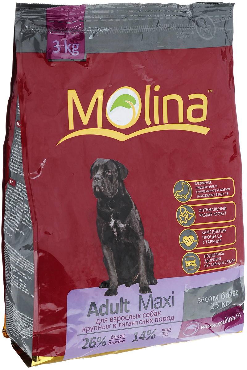 Корм сухой Molina Adult Maxi для взрослых собак крупных пород, 3 кг4680265000982 Корм сухой Molina Adult Maxi для взрослых собак крупных пород, 3 кг4680265000982Полнорационный сухой корм Molina Adult Maxi предназначен для взрослых собак крупных пород весом более 25 кг. Специальный комплекс витаминов и естественных антиоксидантов способствует замедлению процесса старения и защищает от последствий стресса. Баланс микроэлементов и макроэлементов поддерживает состояние суставов и связок в здоровом состоянии. Оптимальный размер крокета предотвращает появление зубного камня. Отличная вкусовая формула и состав корма позволяют усваивать питательные вещества. Товар сертифицирован.
