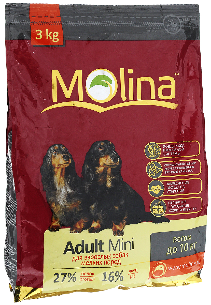 Корм сухой Molina Adult Mini для взрослых собак мелких пород, 3 кг4680265000937 Корм сухой Molina Adult Mini для взрослых собак мелких пород, 3 кг4680265000937Полнорационный сухой корм Molina Adult Mini предназначен для взрослых собак мелких пород весом до 10 кг. Специальный комплекс витаминов и антиоксидантов способствует поддержанию иммунитета, замедляет процесс старения и защищает от последствий стресса. Содержание жирных кислот Омега-6 и Омега-3 обеспечивает правильное развитие нервной системы и отличное состояние кожи и шерсти. Вкусовая формула и состав корма позволяют оптимально усваивать питательные вещества. Товар сертифицирован.