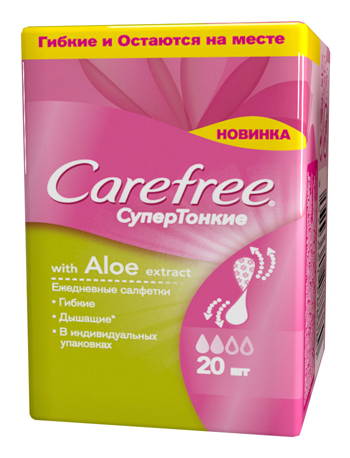 Carefree Салфетки супертонкие Aloe extract в индивидуальной упаковке, 20 шт030720920 Carefree Салфетки супертонкие Aloe extract в индивидуальной упаковке, 20 шт030720920Сохраняйте ощущение чистоты и свежести каждый день с супертонкими ежедневными салфетками aloe extract с экстрактом Алоэ. Они позволяют нежной коже дышать. С легким ароматом, протестированы дерматологами.