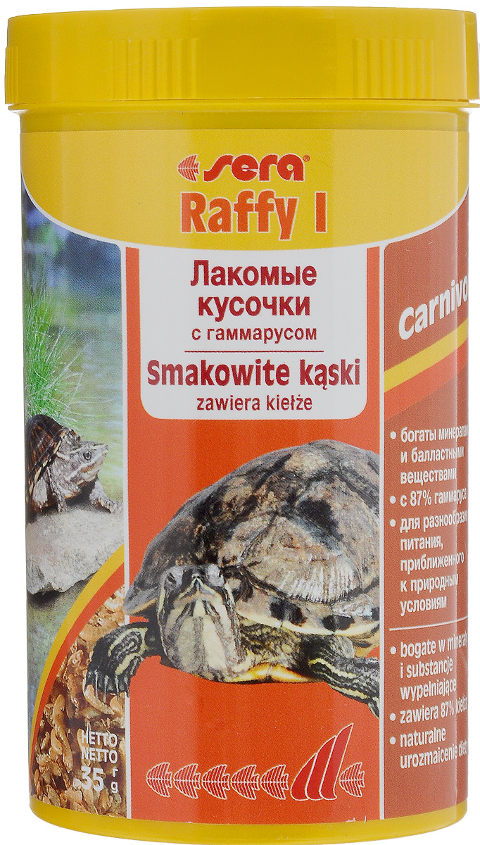 Корм для водных черепах и ящериц Sera Raffy I, 250 мл (35 г)16014 Корм для водных черепах и ящериц Sera Raffy I, 250 мл (35 г)16014Корм для водных черепах и ящериц Sera Raffy I - это лакомство, состоящее из натурального гаммаруса, маленьких рыбок и криля, высушенных целиком. Идеальный корм для небольших плотоядных рептилий и амфибий (например, водяных черепах, аксолотлей). Корм богат минералами, микроэлементами и балластными веществами, содержит более 4% кальция - основы для здорового роста костей и панциря. Товар сертифицирован.