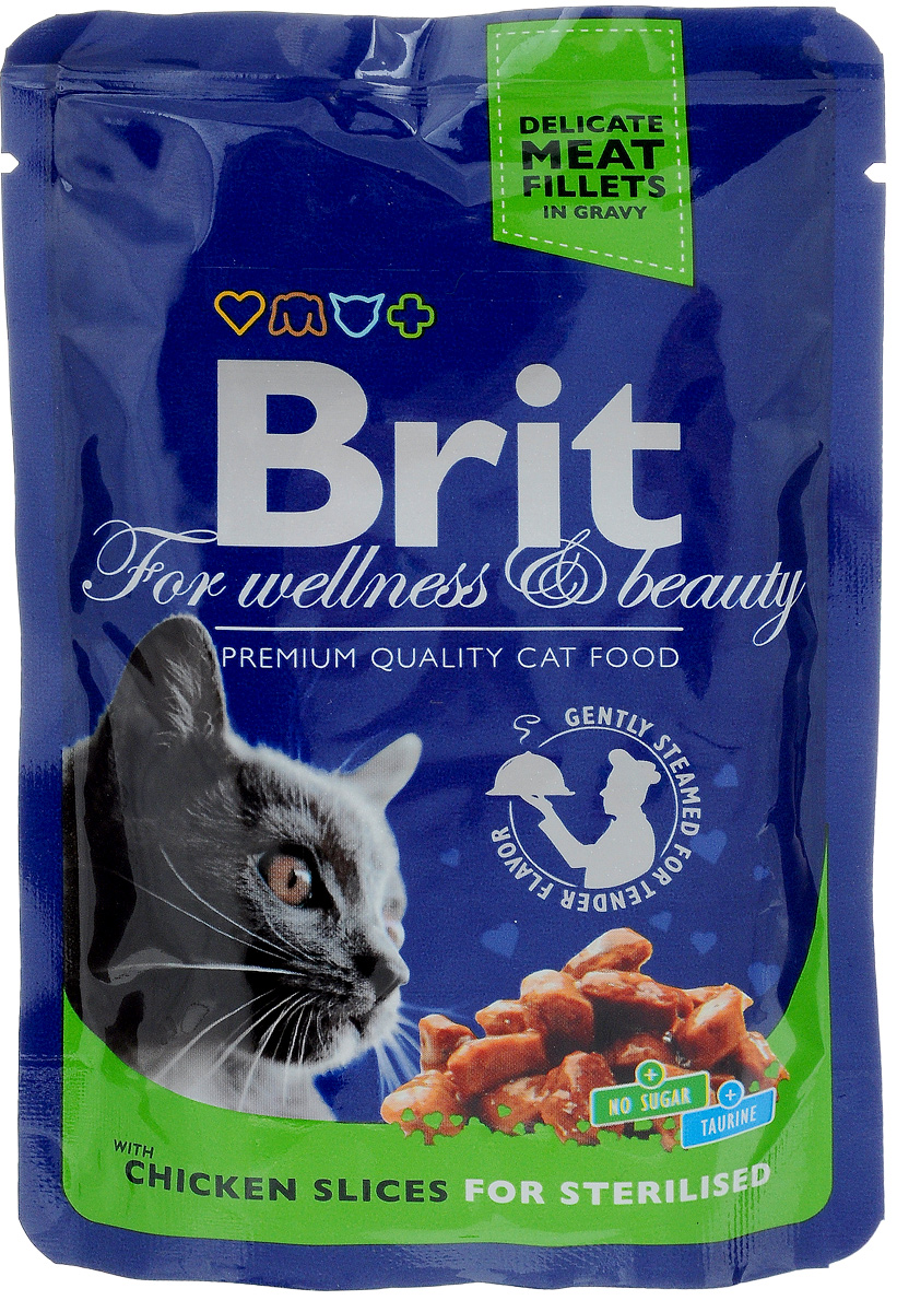 Консервы для стерилизованных кошек Brit Premium, с курицей, 100 г8595602506033 Консервы для стерилизованных кошек Brit Premium, с курицей, 100 г8595602506033Консервы для стерилизованных кошек Brit Premium - влажный корм класса премиум для кастрированных котов и стерилизованных кошек. Не содержит красителей, консервантов, сахара. Аналитический состав: белки 8,5%, жиры 3%, зола 2,5%, клетчатка 0,4%, влага 82%. Питательные добавки (на 1 кг): витамины D3 250 МЕ, витамин Е 100 мг, цинк 10 мг, марганец 2 мг, йод 0,7 мг, медь 0,2 мг, таурин 450 мг, биотин 0,1 мг. Энергетическая ценность: 68 ккал/100 г. Товар сертифицирован.