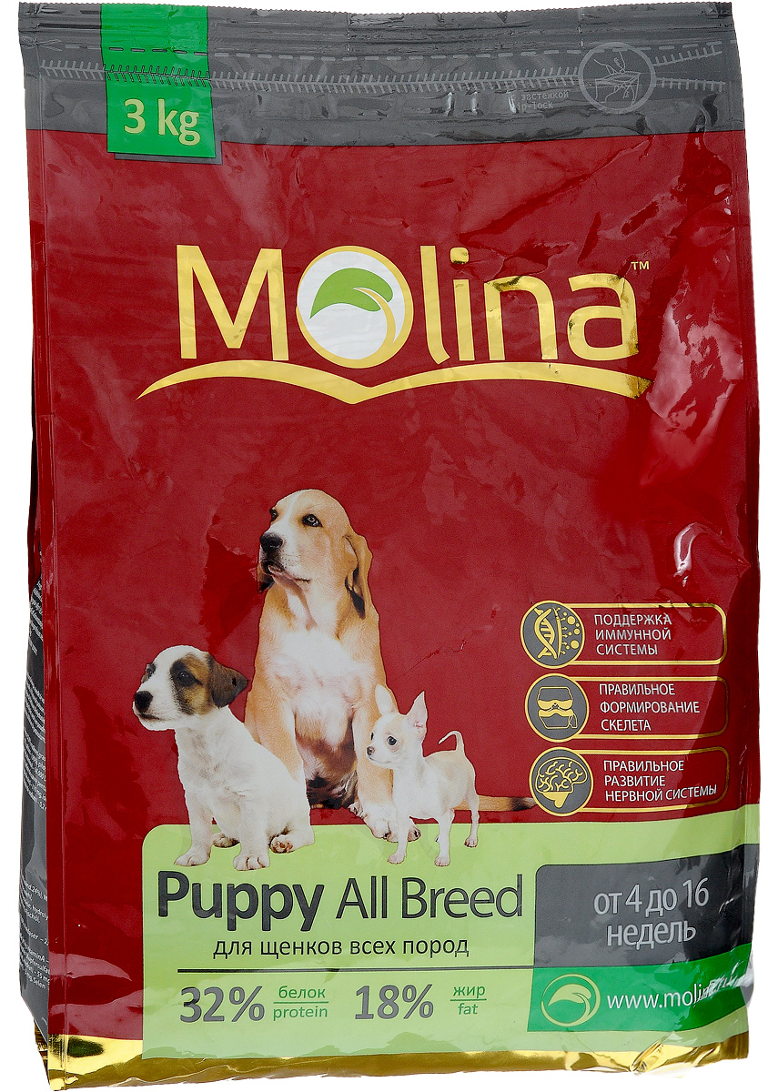 Корм сухой Molina Puppy All Breed для щенков всех пород, 3 кг4680265000821 Корм сухой Molina Puppy All Breed для щенков всех пород, 3 кг4680265000821Полнорационный корм Puppy All Breed предназначен для щенков всех пород возрастом от 4 до 16 недель. Оптимальное содержание кальция и фосфора обеспечивает правильное формирование скелета и здоровье зубов. Баланс макроэлементов и микроэлементов способствует развитию роста и правильному формированию суставов. Специальный комплекс витаминов и антиоксидантов укрепляет иммунитет. Жирные кислоты Омега-6 и Омега- 3 служат для правильного развития нервной системы, а также улучшают состояние кожи и шерсти. Товар сертифицирован.
