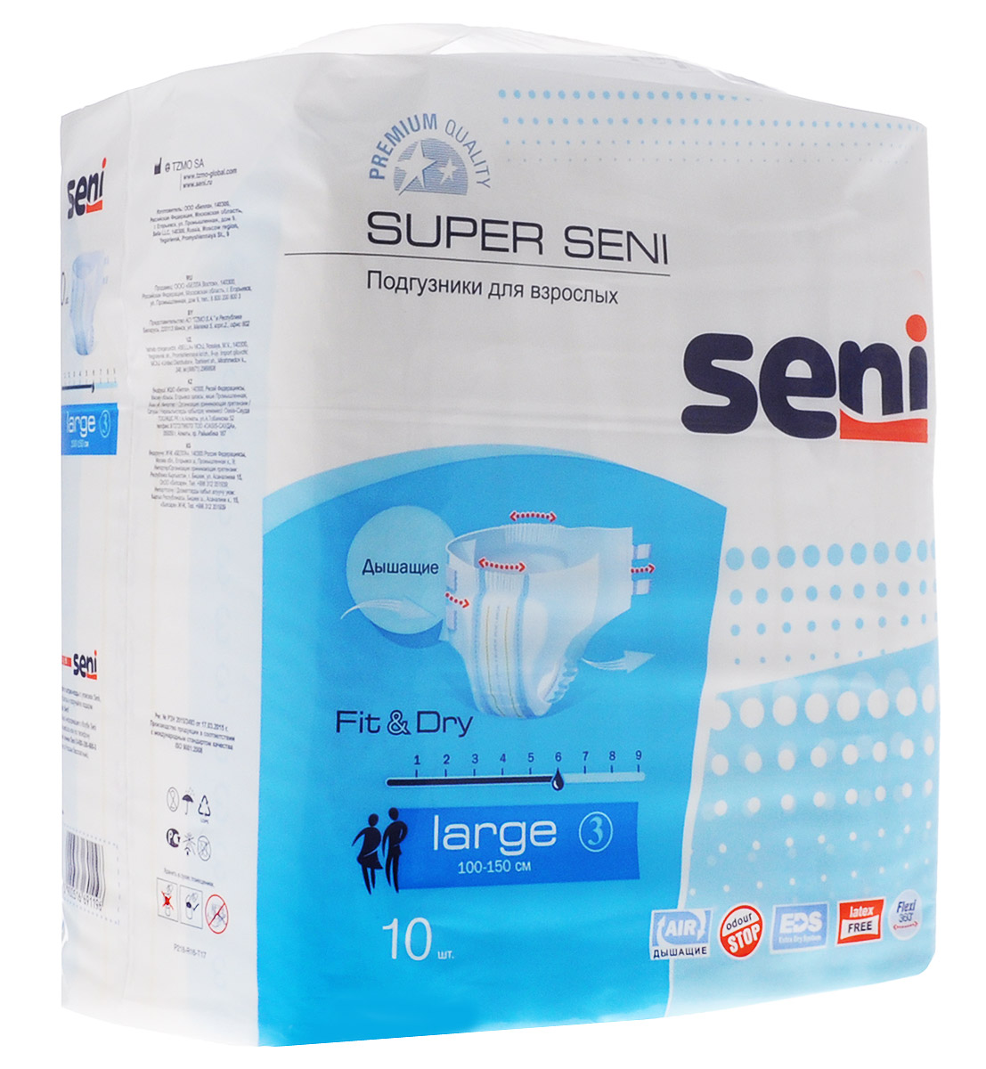 Seni Подгузники для взрослых Super Seni Large 10 штSE-094-LA10-JA1 Seni Подгузники для взрослых Super Seni Large 10 штSE-094-LA10-JA1Подгузники для взрослых Super Seni предназначены для людей, страдающих средней и тяжелой формами инконтиненции (недержания). Особенно удобны для малоподвижных и лежачих пациентов. Дышащий (паропроницаемый) внешний слой позволяет снизить риск возникновения раздражений и опрелостей. Эластичная резинка в поясе сзади и эластичные застежки-липучки гарантируют оптимальное прилегание к телу. Распределяющий слой EDS быстро и равномерно впитывает жидкость, что обеспечивает более полное ощущение сухости. Подгузники также содержат гидрофобные боковые внутренние бортики - это дополнительная защита от протекания. Мягкий нетканый материал на поверхности, двойной впитывающий слой с антибактериальным абсорбентом обеспечивают высокую впитываемость и нейтрализацию неприятного запаха. Могут использоваться как при недержании мочи, так и при недержании кала. Окружность подгузников по талии 100-150 см.