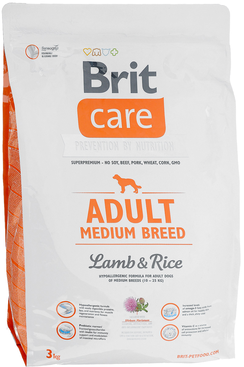 Корм сухой Brit Care Adult Medium Breed для взрослых собак средних пород, с ягненком и рисом, 3 кг8595602509935 Корм сухой Brit Care Adult Medium Breed для взрослых собак средних пород, с ягненком и рисом, 3 кг8595602509935Сухой корм Brit Care Adult Medium Breed - это полноценный рацион для взрослых собак средних пород весом от 10 до 25 кг. Экстракт юкки защищает кишечник и печень от токсичности аммиака и предотвращает разложение гемоглобина. Оптимальное соотношение Омега-3 и Омега-6 жирных кислот с органическим цинком и медью обеспечивает здоровое состояние кожи и улучшает качество шерсти. Товар сертифицирован.