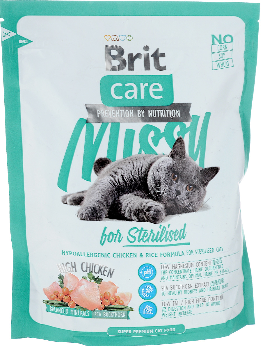 Корм сухой Brit Care Missy для кастрированных котов и стерилизованных кошек, с курицей и рисом, 400 г8595602505746 Корм сухой Brit Care Missy для кастрированных котов и стерилизованных кошек, с курицей и рисом, 400 г8595602505746Полнорационный сухой корм Brit Care Missy предназначен для кастрированных котов и стерилизованных кошек с курицей и рисом. Низкое содержание магния поддерживает оптимальный pH мочи. Мало жира и много клетчатки помогает избежать излишнего веса, свойственного кастрированным и стерилизованным кошкам. Преимущества: - Высокое содержание мяса (20% дегидрированной курицы, 14% куриного филе, 14% дегидрированной индейки). - Сбалансированный минеральный состав. - Облепиха крушиновидная, обладающая противовоспалительным и антибактериальным действием. А также обеспечивает защиту мочевыводящей системы. - Гипоаллергенный состав. - Витамин С и гексаметафосфат натрия. Товар сертифицирован.