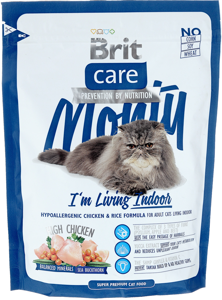 Корм сухой Brit Care Monty Indoor для взрослых кошек живущих в помещении, с курицей и рисом, 400 г8595602505715 Корм сухой Brit Care Monty Indoor для взрослых кошек живущих в помещении, с курицей и рисом, 400 г8595602505715Гипоаллергенный сухой корм Brit Care Monty Indoor - это полностью сбалансированное питание, изготовленное из высококачественных ингредиентов, и содержащее все необходимые нутриенты для поддержания здоровья, красоты и жизненного тонуса вашего питомца. Корм поможет обеспечить вашу кошку всеми питательными веществами, витаминами и минералами, обладая при этом отличным вкусом. Идеален в качестве диеты для кошек, постоянно живущих в помещении. Преимущества: - Высокое содержание мяса; - Сбалансированный минеральный состав; - Содержит 3 вида волокон: подорожник, свекла, яблоко - для быстрого и безопасного вывода комочков шерсти из желудка; - Экстракт Юкки Шидигера для контроля запахов экскрементов; - Витамин C и гексаметафосфат натрия предотвращают образование зубного камня. Товар сертифицирован.