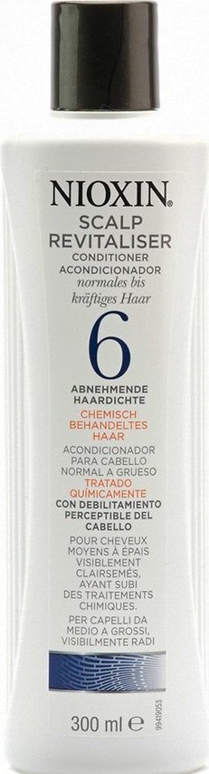 Nioxin Scalp Увлажняющий кондиционер (Система 6) Revitaliser System 6, 300 мл81274191 Nioxin Scalp Увлажняющий кондиционер (Система 6) Revitaliser System 6, 300 мл81274191Увлажняющий кондиционер из Системы 6 от Ниоксин для жестких и редеющих волос мягко воздействует на кожу головы, увлажняя и питая ее. Средство придает волосам упругость и пластичность, а энзимы, которые входят в его состав обладают потрясающим питательным эффектом. Увлажняющий кондиционер от Ниоксин подходит для ежедневного применения. После применения кондиционера от Nioxin волосы становятся мягкими и эластичными, они легко укладываются и расчесываются и значительно меньше выпадают.