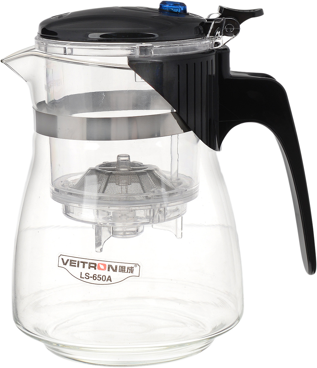 Чайник заварочный Veitron, с кнопкой, 650 мл. LS-650АLS-650А Чайник заварочный Veitron, с кнопкой, 650 мл. LS-650АLS-650АТермостойкий заварочный чайник Veitron изготовлен из пищевых материалов, безопасных для жизни и здоровья человека и окружающей среды. Имеет округлую форму в виде кувшина. Колба выполнена из высококачественного боросиликатного стекла, очень прочного и устойчивого к тепловому удару или очень высоким температурным условиям. Чайник снабжен разборным металлическим съемным фильтром, удобным для очистки. Ручка и крышка выполнены из поликарбоната. Чайник имеет современный и элегантный дизайн. Предназначен для заваривания зеленого, черного, цветочного чая и кофе на 2-3 персоны. Просто положите заварку в чайник, залейте кипяток, накройте крышкой, нажмите кнопку, и чай готов. Чай заваривается во внутренней колбе, а в основную сливается нажатием и удержанием кнопки. Таким образом, все чаинки остаются в фильтре. Диаметр (по верхнему краю): 8 см. Диаметр основания: 7,7 см. Высота чайника: 15 см.