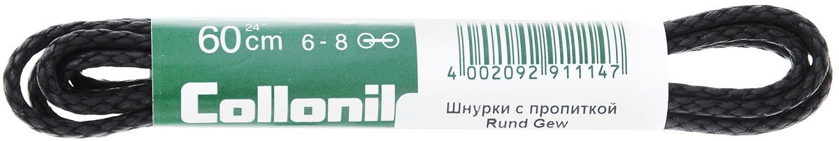 Шнурки тонкие Collonil Rund Gew, с пропиткой, цвет: черный, длина 60 см4332 000 Шнурки тонкие Collonil Rund Gew, с пропиткой, цвет: черный, длина 60 см4332 000Тонкие шнурки Collonil Rund с ваксовой пропиткой изготовлены из 100% хлопка. Крепкие и удобные шнурки являются неотъемлемым аксессуаром и подходят для ношения модельной или предназначенной для отдыха и туризма обуви. Подходят для обуви с восемью отверстиями.