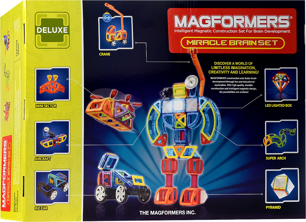 Magformers Магнитный конструктор Miracle Brain Set63093/710005 Magformers Магнитный конструктор Miracle Brain Set63093/710005Одно из значений слова Miracle - это нечто удивительное. И это действительно так, ведь в этом наборе появились сразу несколько новых дополнений, которые изменят ваше традиционное представление о магнитном конструкторе и выведут игру на новый уровень! В магнитном конструкторе Magformers Miracle Brain Set появилась светодиодная подсветка. В темноте любые постройки будут наполняться магическим светом, что существенно расширит игровые возможности конструктора. А кто из детей не любит играть с чем-то светящимся? Платформа с колесами на пульте дистанционного управления. Модели звездолетов, мифологических животных, машин будущего обретут жизнь в движении. Любой малыш будет просто счастлив, увидев свой шедевр динамичным! В конструктор вошли новые геометрические элементы суперарка, суперсектор, прямоугольный треугольник, миниарка, минисектор и многие другие интересные аксессуары, наличие которых приведет вас к абсолютно новым идеям. Появление этого конструктора...