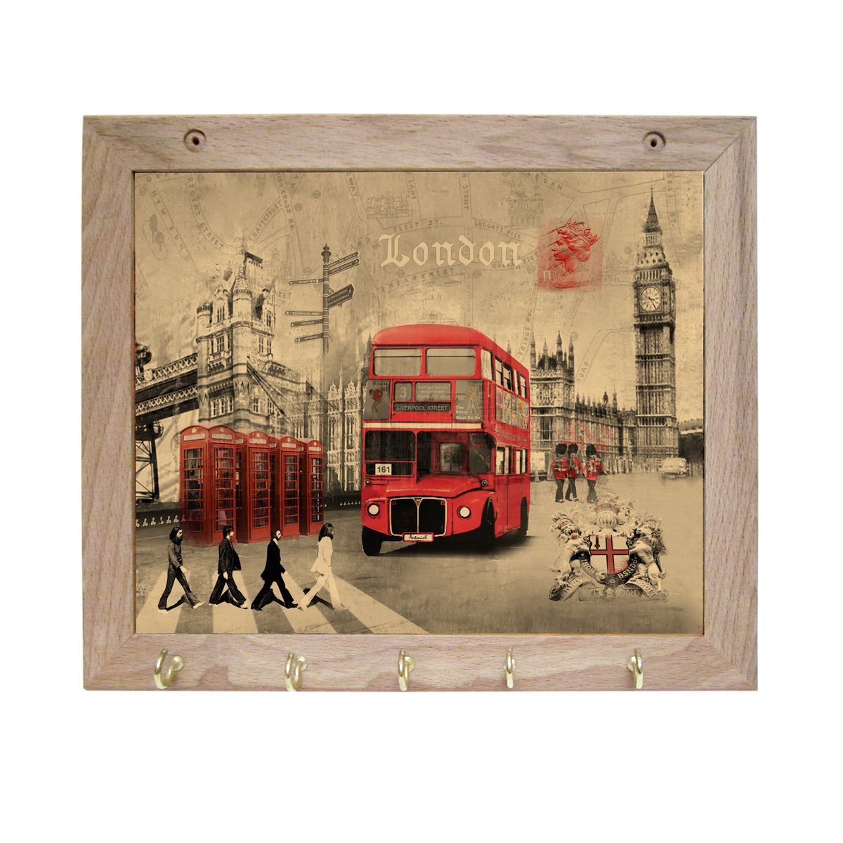 Вешалка GiftnHome Лондон, с 5 крючками, 20 х 25 смTH-London Вешалка GiftnHome Лондон, с 5 крючками, 20 х 25 смTH-LondonArt-Casual - что значит буквально: повседневное искусство - это Новый тренд, новый стиль предложения обычных домашних аксессуаров в качестве элементов, задающих стиль и шарм окружающего пространства.Уникальное сочетание привычной функциональности и декоративной, интерьерной функции - это актуальная, современная тенденция от прогрессивных производителей товаров для дома. Вешалка для полотенец - это всем знакомый, понятный и нужный предмет в каждом доме.Проект GiftnHome предлагает серию изделий из натурального дерева (Eco-Life), в комбинации с модными цветными принтами на корпусе от Креативной студии AntonioK.Это изделия больше, чем просто крючки для полотенец, они несут интерьерное решение, зададут настроение и стиль на вашей кухне, столовой или дачной веранде. В серии Эко-Лайф, от GiftnHome - можно, так же приобрести ключницы, подносы и столики в постель из благородных пород дерева (бук, дуб), с актуальными дизайнами на поверхности древесины.