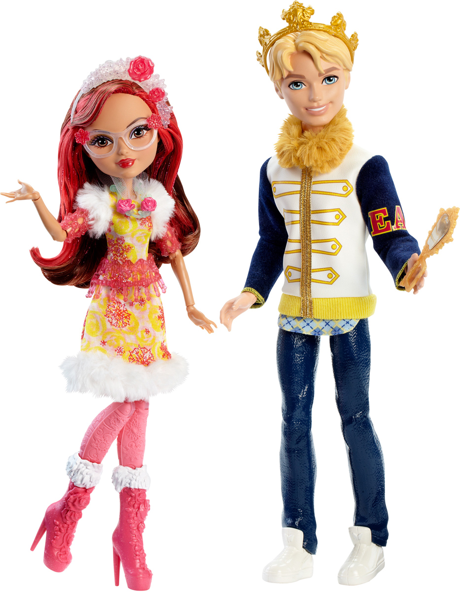 Ever After High Набор кукол Деринг Чарминг и Розабелла БьютиDLB38 Ever After High Набор кукол Деринг Чарминг и Розабелла БьютиDLB38Набор кукол Ever After High Деринг Чарминг и Розабелла Бьюти обязательно понравится всем девочкам! Сказочная пара Деринг и Розабелла предстают перед вами в своих сказочных зимних образах. На Розабелле платье с юбкой-колоколом. Платье украшено снежинками желтого и розового цветов, усыпанных блестками. Ворот платья украшает белая оборка, а подол и плечи - мягкий белый мех. На ногах у куклы розовые колготки и розовые сапожки на каблуках. Из аксессуаров у Розабеллы ожерелье в виде стебля розы с двумя бутонами. Пояс и браслеты выше локтя выполнены в розовом цвете и представляют собой нити кристаллов льда и маленьких бутонов роз. На голове у Розабеллы венок из белых и розовых роз, в комплект также входят ее очаровательные очки. Голубоглазый блондин Деринг предстает в своем знаменитом образе, и на его лице неизменная белозубая улыбка. Одет Деринг в свою школьную куртку, отороченную мехом, из-под которой выглядывает край жилетки, джинсы и белые кроссовки. На голове - корона. В руке...