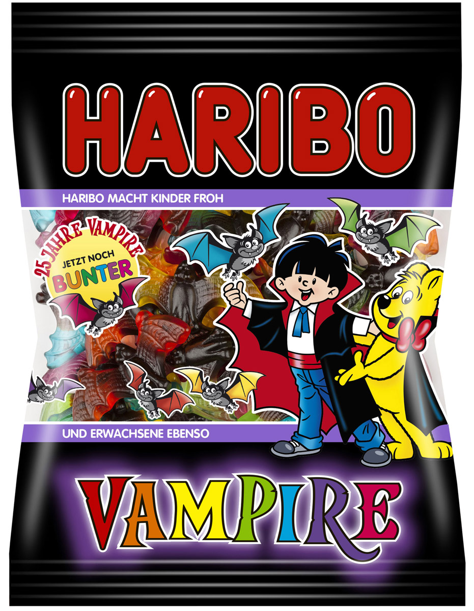 Haribo Vampire жевательный мармелад, 200 г20220 Haribo Vampire жевательный мармелад, 200 г20220А сейчас будет страшно! Страшно вкусно! Вампиры от Haribo - это интересное сочетание пряной лакрицы и фруктового жевательного мармелада. А теперь в новой, еще более красочной упаковке и новыми потрясающими вкусами: апельсин, лимон, яблоко, клубника, малина, черника!