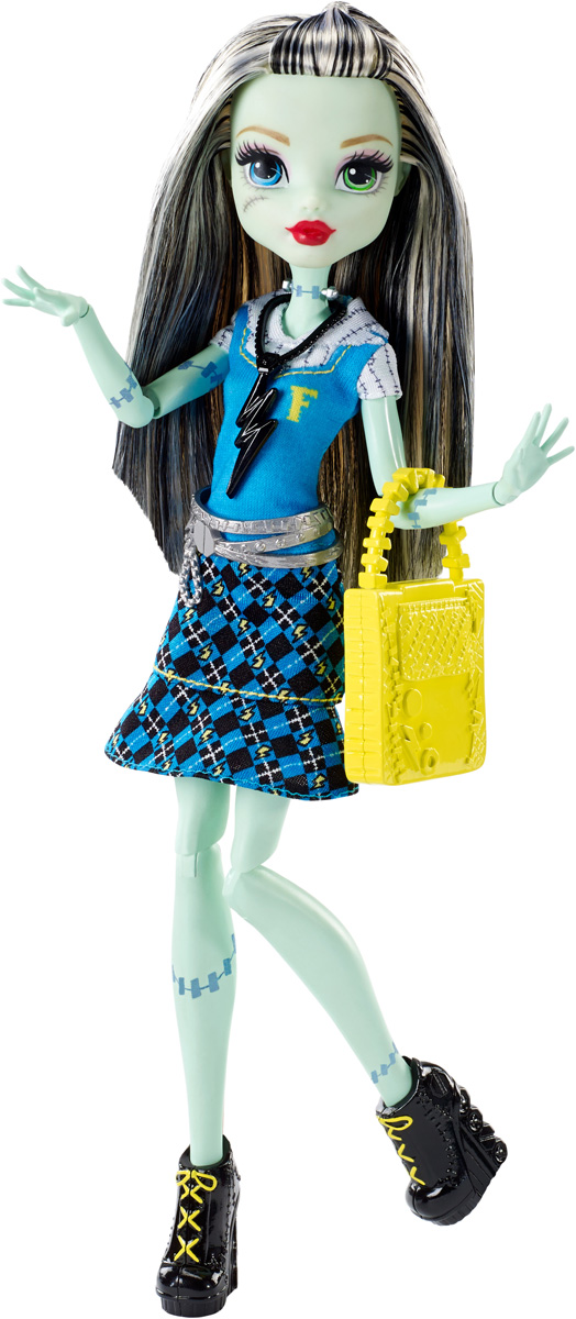 Monster High Кукла Френки Штейн цвет платья голубойDNW97_DNW99 Monster High Кукла Френки Штейн цвет платья голубойDNW97_DNW99Давно полюбившиеся нам ученицы Школы монстров не боятся быть чудовищами! Они модно приоделись и готовы к занятиям в своей жуткой школе и к леденящим кровь приключениям. Одна из них - Френки Штейн. Её модный наряд прекрасно подходит как для учебы в культовой школе Monster High, так и для приключений за ее пределами. Кукла Monster High Френки Штейн одета в стильный школьный наряд с пластиковым поясом. На ногах - черные ботильоны на высоких каблуках. Завершают стильный образ зловещей модницы оригинальные желтые серьги, сумочка и черное ожерелье. Шикарные длинные волосы куклы можно расчесывать. Вашей малышке понравится воссоздавать сцены или разыгрывать с куклой сюжеты собственных историй. Руки, ноги и колени у куклы шарнирные, это позволяет придать разнообразные позы. Порадуйте поклонницу Монстер Хай удивительной новинкой в мире Школы Монстров, подарив ей эту замечательную куколку.