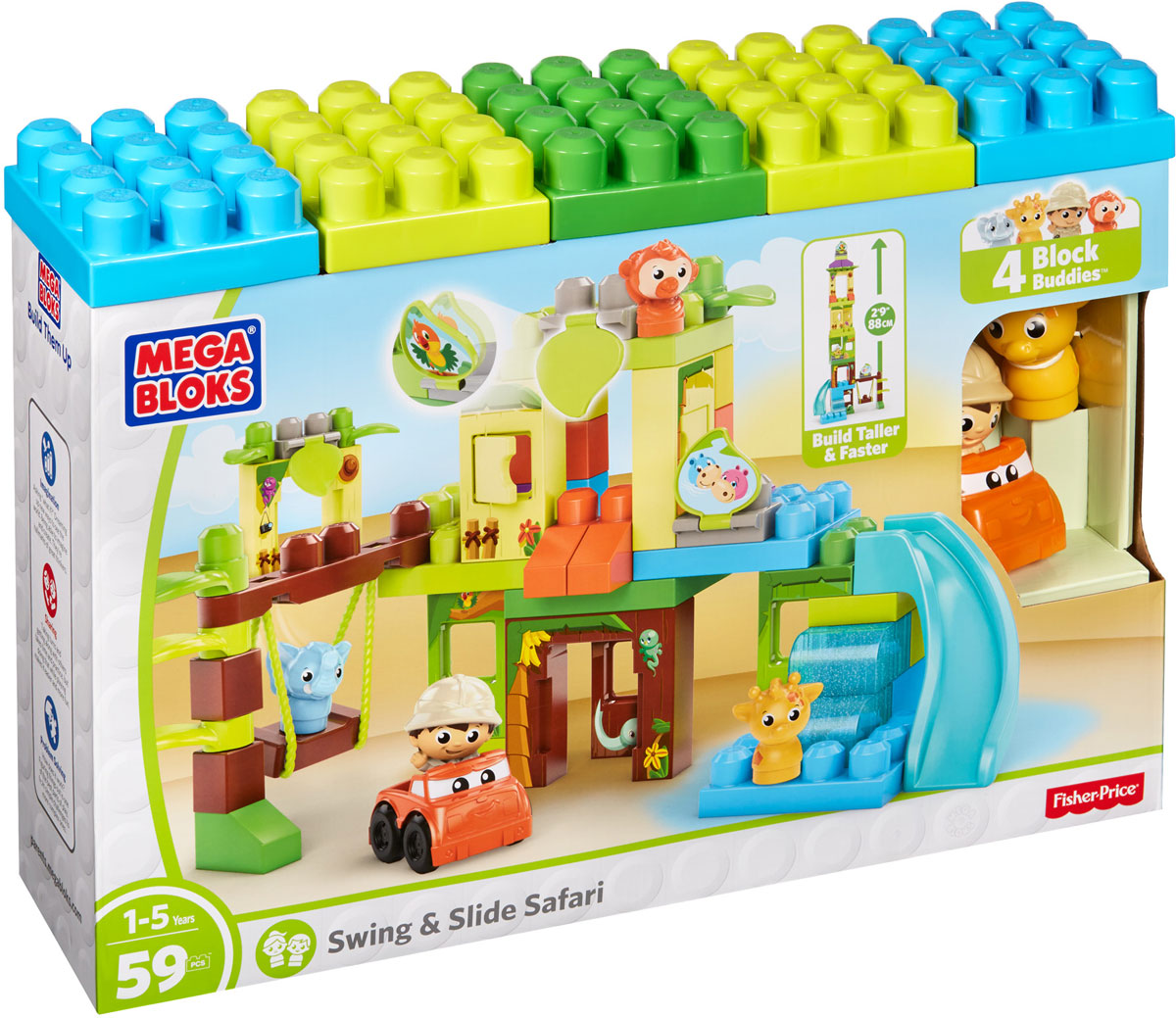 Mega Bloks First Builders Конструктор Сафари DPJ58DPJ58 Mega Bloks First Builders Конструктор Сафари DPJ58DPJ58Конструктор Mega Bloks First Builders. Сафари является прекрасным примером набора, стимулирующего воображение. Этот конструктор поставляется с крупными 59 деталями, удобными для маленьких ручек. В наборе ребенок также найдет фигурки жирафа, слона, обезьяны и человека. Малыш сможет собирать свои джунгли из панелей все выше и выше. А затем пуститься с их обитателями в забавное приключение: катиться с горки, кататься на качелях или автомобиле. Элементы конструктора складываются вместе и разъединяются с легкостью, подходят для детей в возрасте от 1 до 5 лет. С помощью такого конструктора ребенок сможет каждый раз придумывать увлекательную историю. Конструктор способствует развитию воображения, логического мышления и мелкой моторики рук.