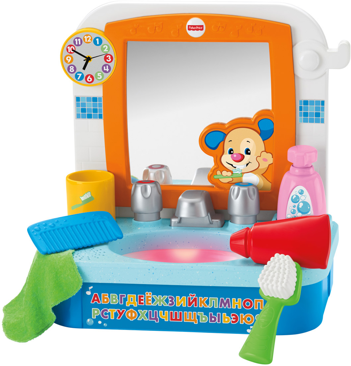 Fisher Price Развивающая игрушка Умывальник Ученого ЩенкаDRH28 Fisher Price Развивающая игрушка Умывальник Ученого ЩенкаDRH28Развивающая игрушка Fisher Price Умывальник Ученого Щенка с технологией Smart Stages - это замечательная возможность приучить кроху к соблюдению правил гигиены и привить ему навыки самостоятельно умываться, чистить зубки и мыть ручки. Ребенок сможет почувствовать себя большим, ведь во время игры он выступает в роли взрослого и внимательно следит, чтобы все его игрушки были чистыми. Помимо самого умывальника в набор входят аксессуары, которые помогут сделать сюжет более реалистичным и увлекательным. Игрушка содержит три уровня игры с малышом. Уровень 1. Обучаем - слушая веселые фразы, малыши учатся цветам, названиям предметов и ежедневным гигиеническим процедурам. Уровень 2. Вовлекаем - отвечая на простые вопросы игрушки, малыш ищет и находит предметы вокруг раковины. Уровень 3. Развиваем - веселые песенки о ежедневных гигиенических процедурах побуждают малыша играть в игры на развитие воображения. Игрушка содержит более 50 звуков, песен, мелодий и фраз! ...