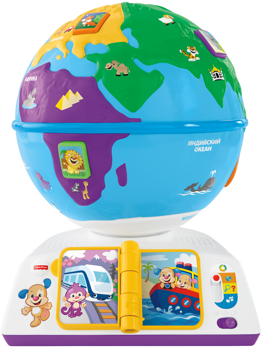 Fisher Price Развивающая игрушка Обучающий глобусDRJ90 Fisher Price Развивающая игрушка Обучающий глобусDRJ90Когда вращается этот обучающий глобус, весь мир находится в руках вашего ребенка. Семь кнопок с изображениями животных расскажут юному исследователю о материках, животных, приветствиях и музыке, которые встретятся ему в путешествиях! А пока глобус вращается, он произносит веселые фразы и поет песни о путешествиях в новые земли. В памяти хранится более 100 звуков, песен, мелодий и фраз. Технология Smart Stages позволяет развиваться на трех уровнях: Уровень 1 - обучаем. Ваш малыш слушает и изучает приветствия на разных языках, названия животных и издаваемые ими звуки. Уровень 2 - вовлекаем. Простые вопросы побуждают малыша изучать и находить животных из разных уголков мира. Уровень 3 - развиваем. Веселые песни о путешествиях по всему миру побуждают вашего малыша петь и играть. Рекомендуется докупить 3 батарейки напряжением 1,5V типа АА (товар комплектуется демонстрационными).