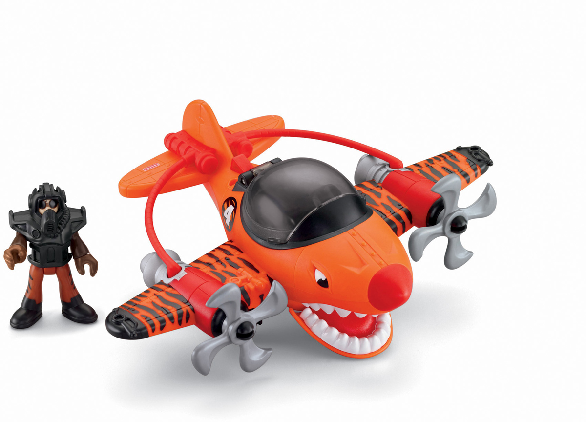 Imaginext Самолет Летающий тигрT5308_T5309 Imaginext Самолет Летающий тигрT5308_T5309Навстречу приключениям! Самолет Imaginext Летающий тигр очень похож на настоящего тигра: он имеет тигриную раскраску с полосками на крыльях и большую зубастую пасть, которую он может открывать при нажатии кнопки за кабиной. Пропеллеры самолета похожи на когти, а на передней части фюзеляжа располагаются тигриные глаза. Стекло кабины открывается, внутрь можно посадить пилота. В комплекте с самолетом идет фигурка пилота, костюм которого также похож на шкуру тигра, и летный костюм с маской. Голова, руки и ноги фигурки пилота подвижны, пропеллеры вращаются. Подарите вашему ребенку такую замечательную игрушку.